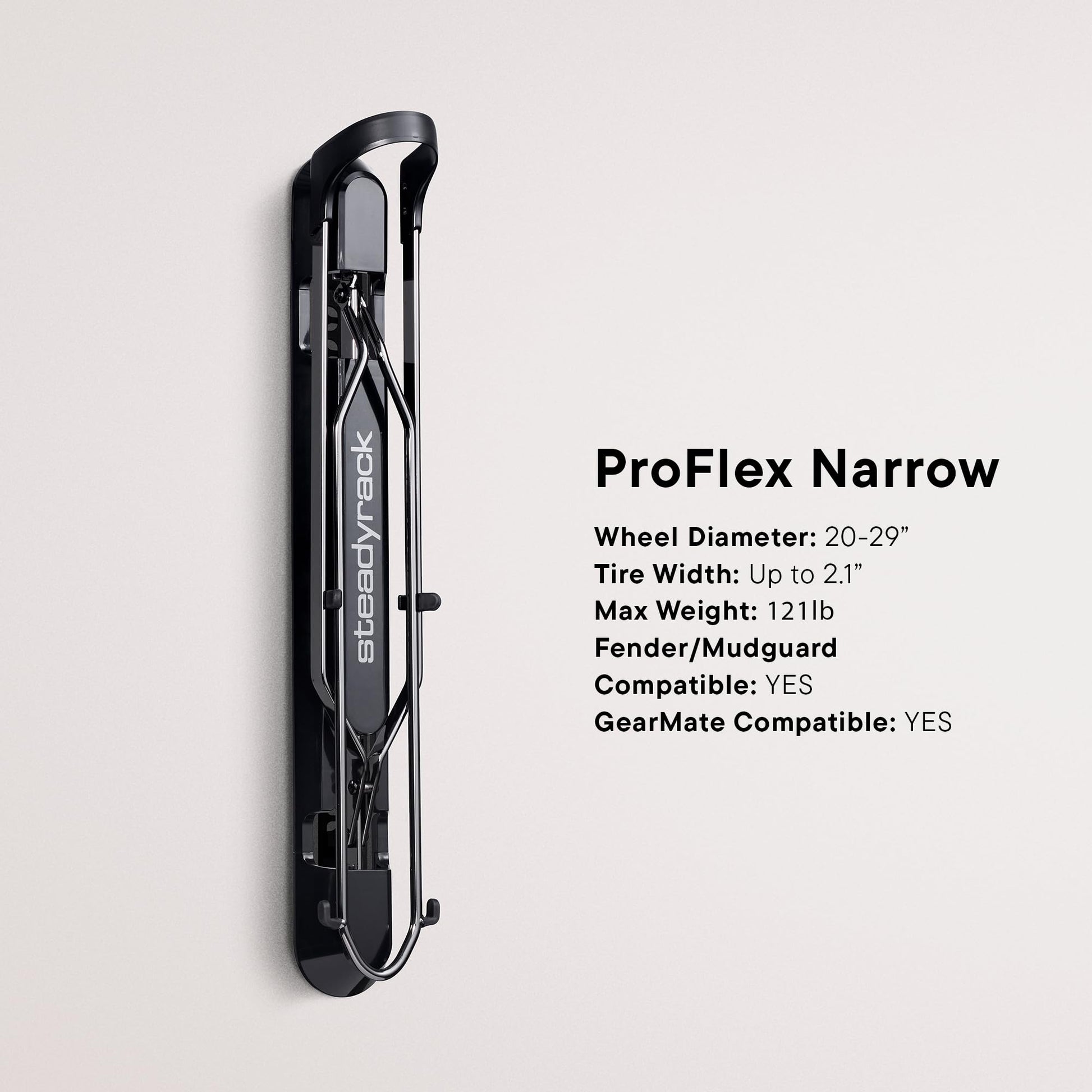 Steadyrack ProFlex Narrow Bike Rack - Vertical Wall Mount Bike Storage for Home - Roll-In Roll-Out System - Space-Saving Pivot - Fits Road, BMX, Gravel, Fender and More - Includes GearMate SteadySpine