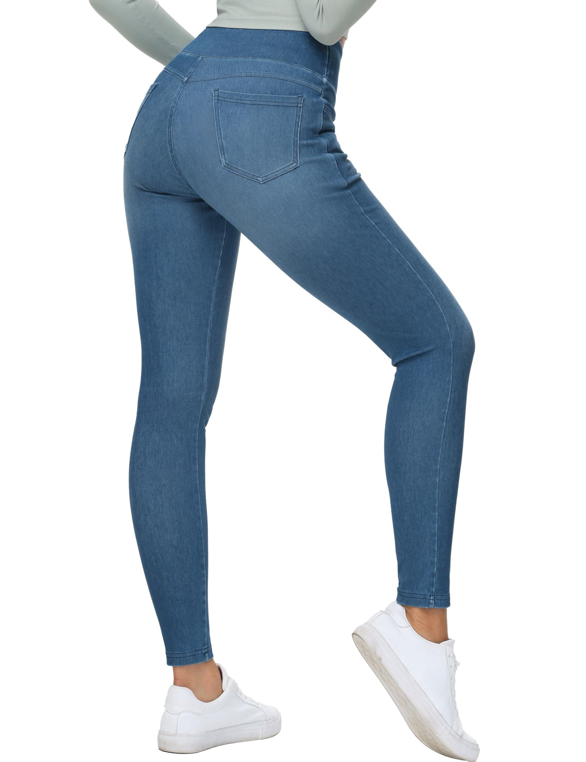 THE GYM PEOPLE Women's High Waisted Jeggings Pants Stretchy Tummy Control Skinny Jean Leggings with Pockets Denim Blue