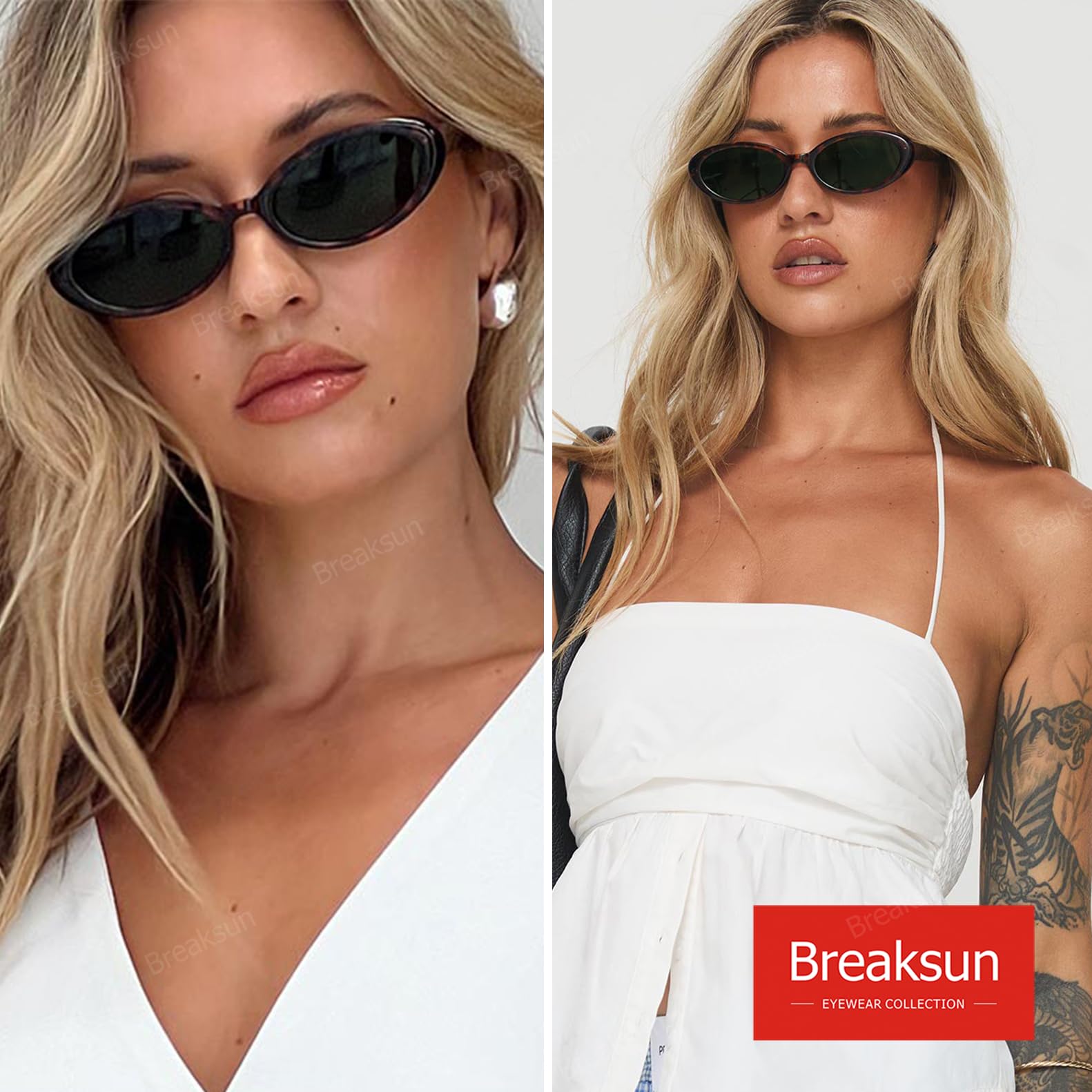 Breaksun Retro Oval Sunglasses for Women Men Fashion Small Oval Sunglasses 90s Vintage Shades (Black/Grey+ Leopard/G15)