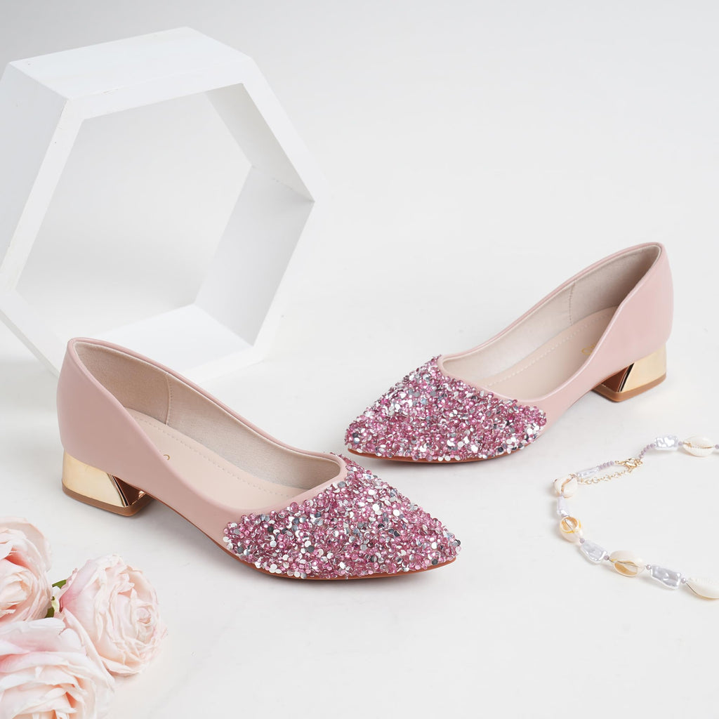 YQRUIMIAO Pink Women's Pumps, Closed Toe Chunky Heels for Women, Comfortable Work Pumps Shoes, Pointed Toe Rhinestones Dress Wedding Pumps for Women Size - 9