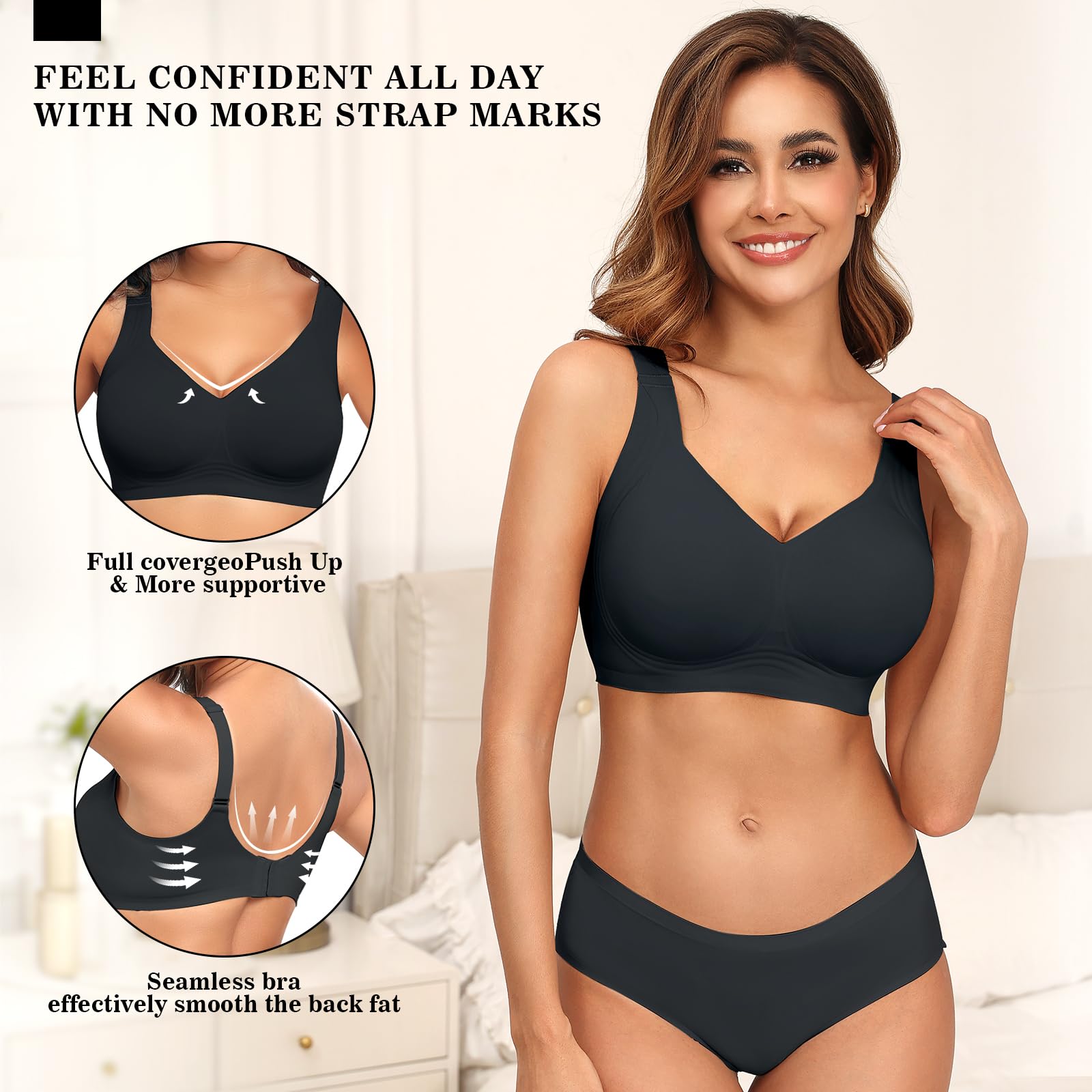 PoseFree Bras for Women No Underwire Full Coverage No Underwire Supportive Seamless Cotton Bralette Plus Size Bras (Black,2XL)