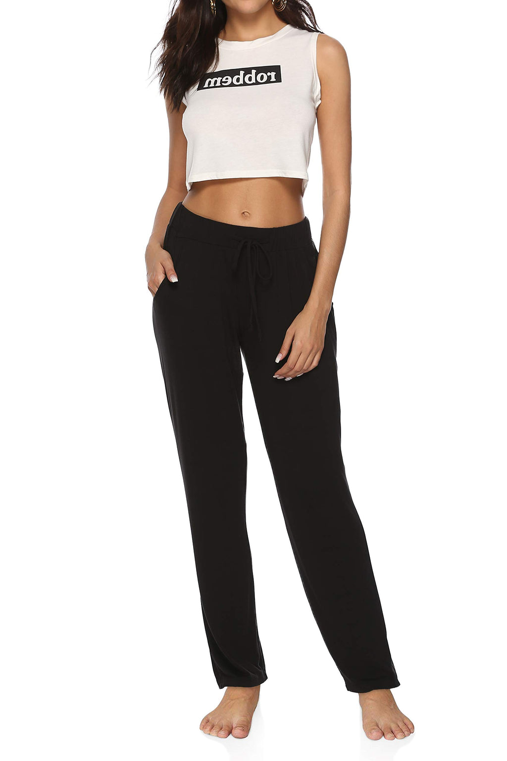 DIBAOLONG Womens Yoga Pants Wide Leg Comfy Drawstring Loose Straight Lounge Running Workout Legging A1-Black L