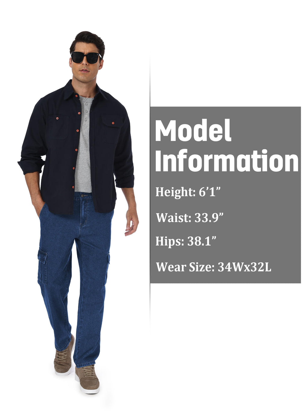 Tapata Short Men's Casual Cargo Pants Relaxed Fit Expandable Elastic Waist Denim Slacks with 6 Pockets Belt Loop Jeans, Blue, 36W x 28L