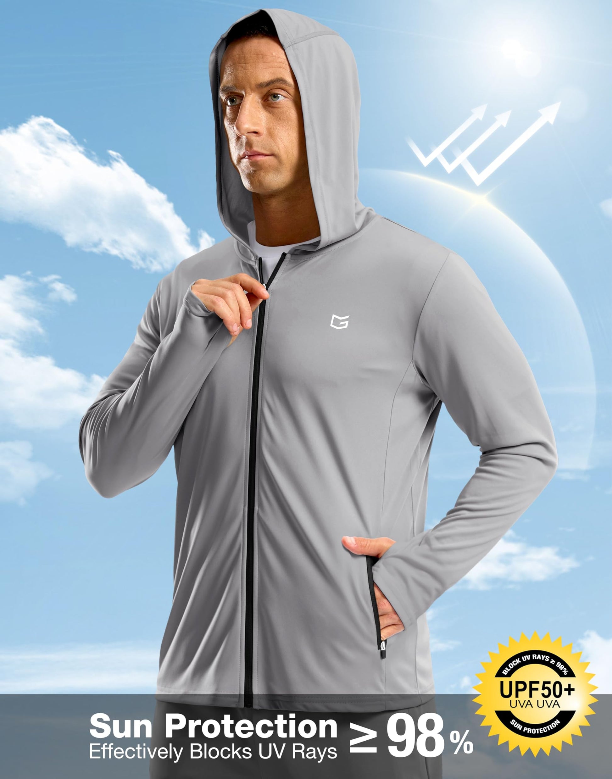 Men's UPF 50+ Sun Protection Hoodie Jacket Lightweight Full Zip Hoodies Long Sleeve Shirts for Men Hiking Fishing(Light Grey,XL)