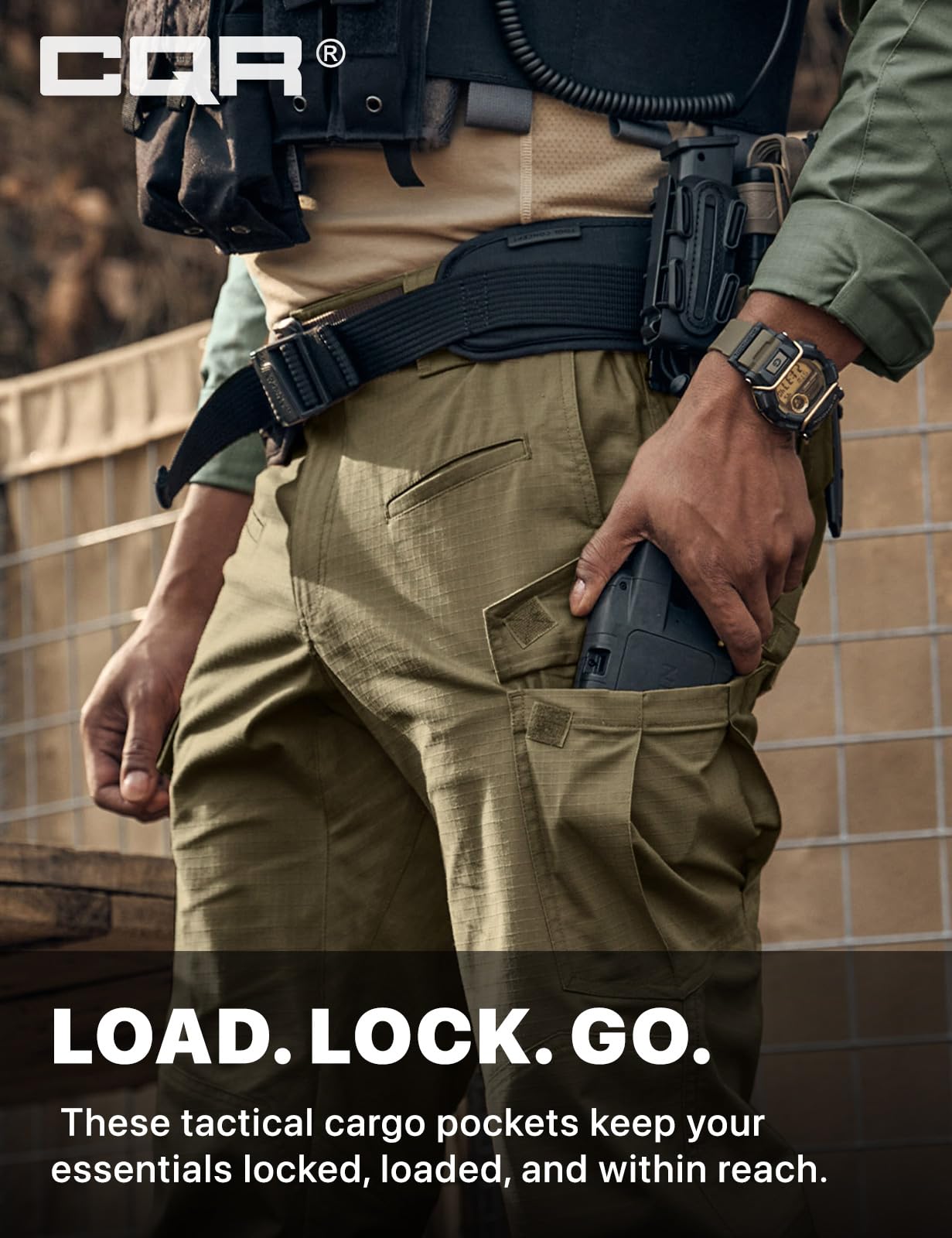 CQR Men's Flex Ripstop Tactical Pants, Water Resistant Stretch Cargo Pants, Lightweight EDC Hiking Work Pants, Marauder Soil Green, 34W x 32L