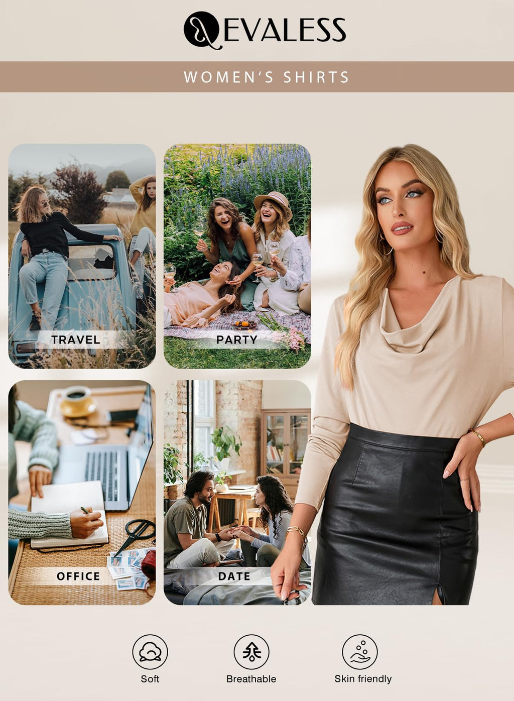 EVALESS Womens Spring Shirts 2025 Cowl Neck Business Casual Outfits for Women Stretchy Formal Office Teacher Outfits Solid Beige Draped Top Clothes Dressy Casual Satin Tee Shirt for Women, Medium