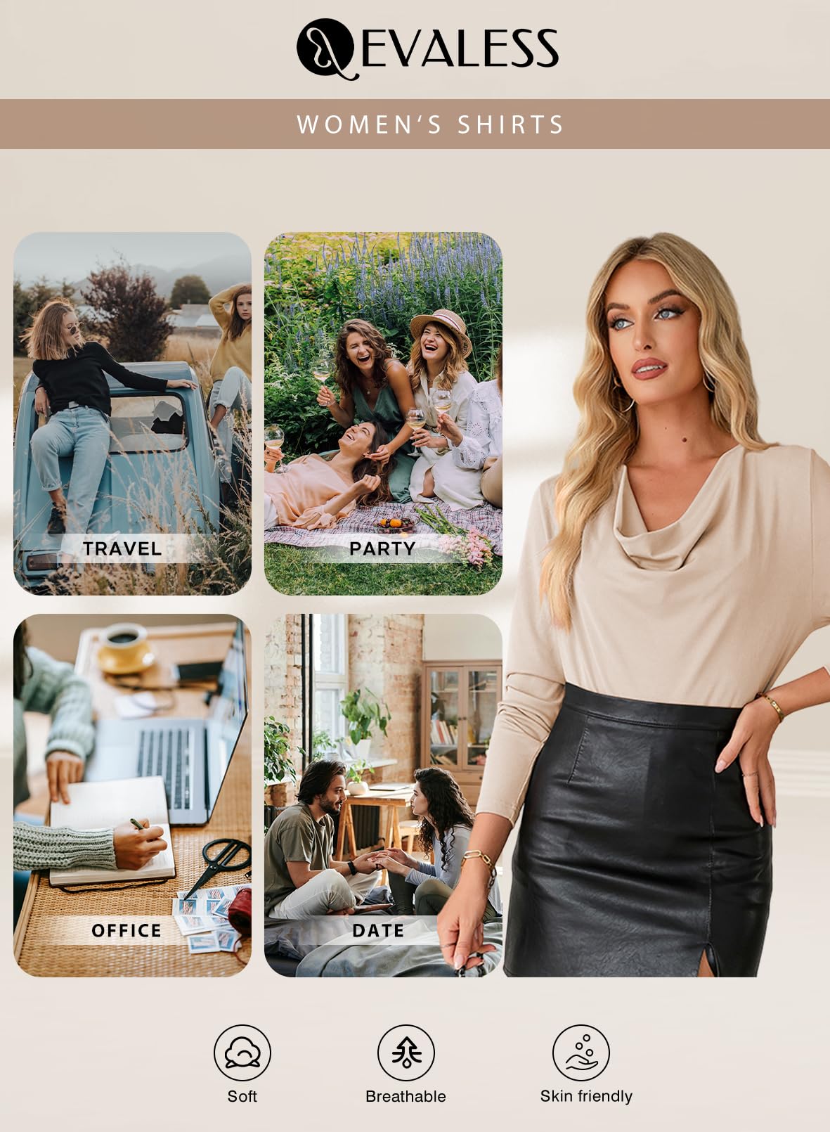 EVALESS Womens Spring Shirts 2025 Cowl Neck Business Casual Outfits for Women Stretchy Formal Office Teacher Outfits Solid Beige Draped Top Clothes Dressy Casual Satin Tee Shirt for Women, Medium