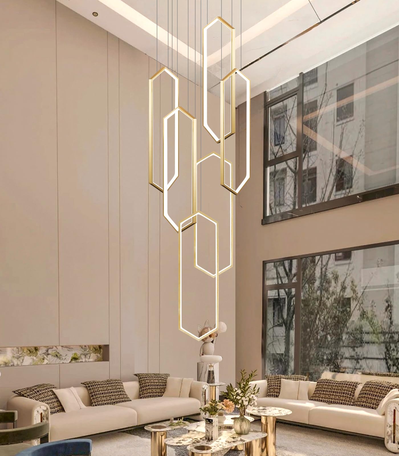dolria 6-Rings Chandelier Modern, Gold Contemporary LED Light for Living Room Entrance, Dimmable Flush Mount High Ceiling Chandeliers with Remote Control for Villa Foyer