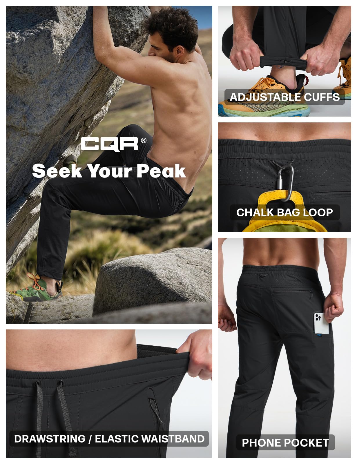 CQR Men's Lightweight Vent Hiking Pants, Water-Resistant & Breathable Sports Outdoor Athletic Pants with Elastic Waist, Ascend Crux Black, 36W x 32L
