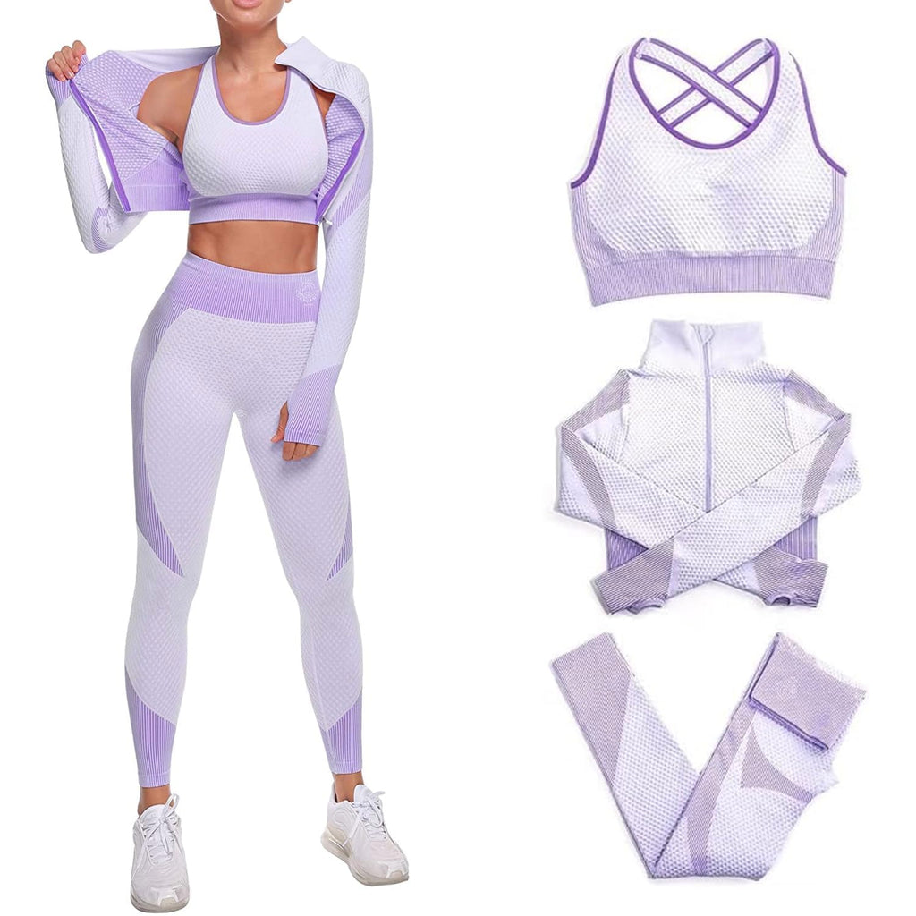 CORPOAMOR Women's Ribbed Seamless Fitness Clothing, Gym Outfit and Yoga Workout Set Jacket, Sports Bra and High Waisted Leggings 3 Piece Set (Purple, Large)