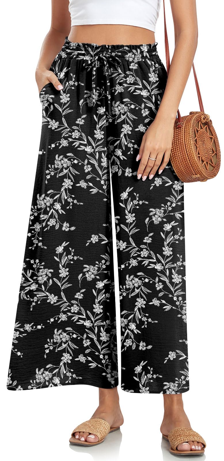 Bestbee Womens Plus Size Palazzo Pants Dressy Casual Wide Leg Slacks Elastic Waist Business Flowy Pants with Pockets, XL, Black-White Flower