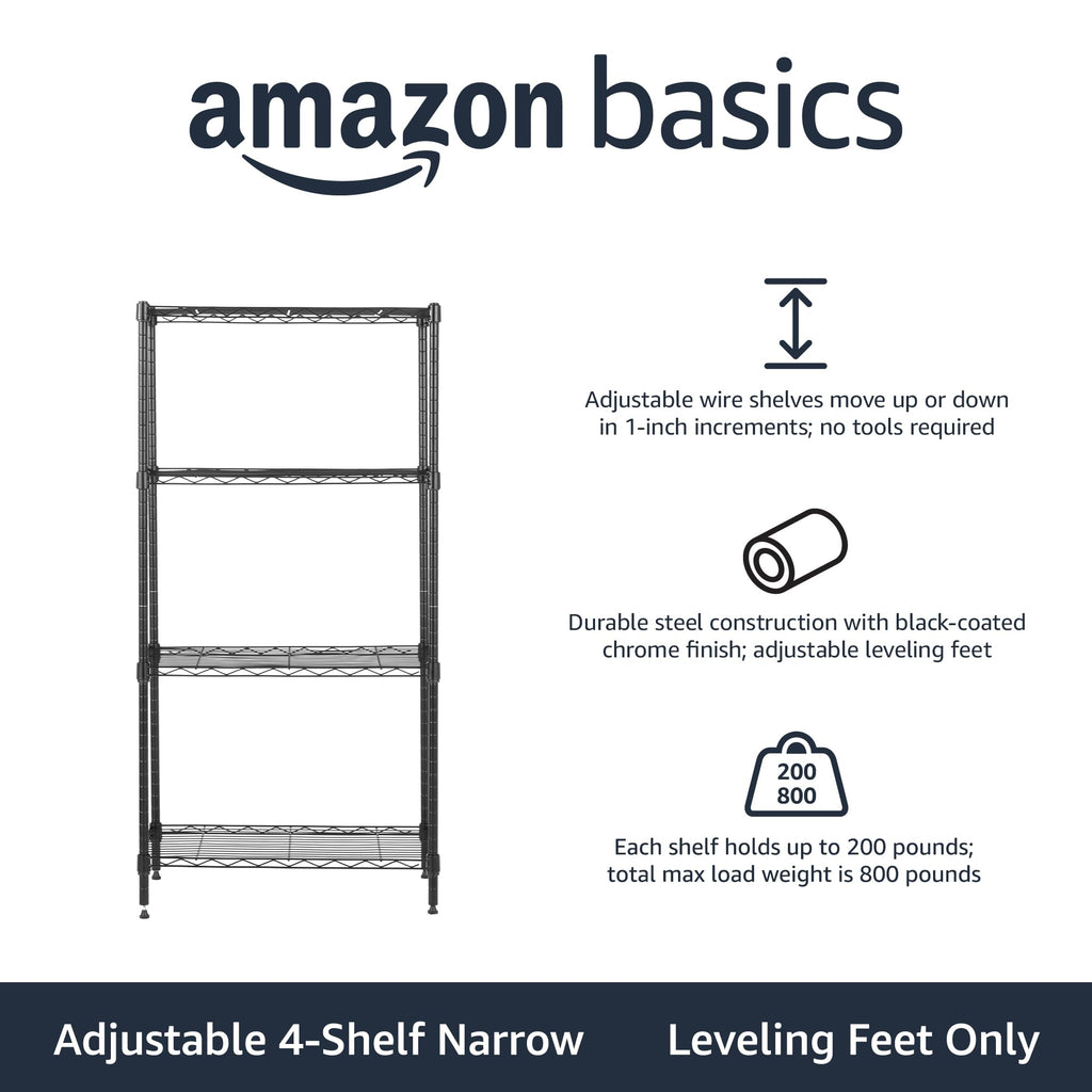 Amazon Basics 4-Shelf Steel Wire Storage Rack, Adjustable, Sturdy, Easy Assembly, 13.4 D x 23.2 W x 48 H in, Black