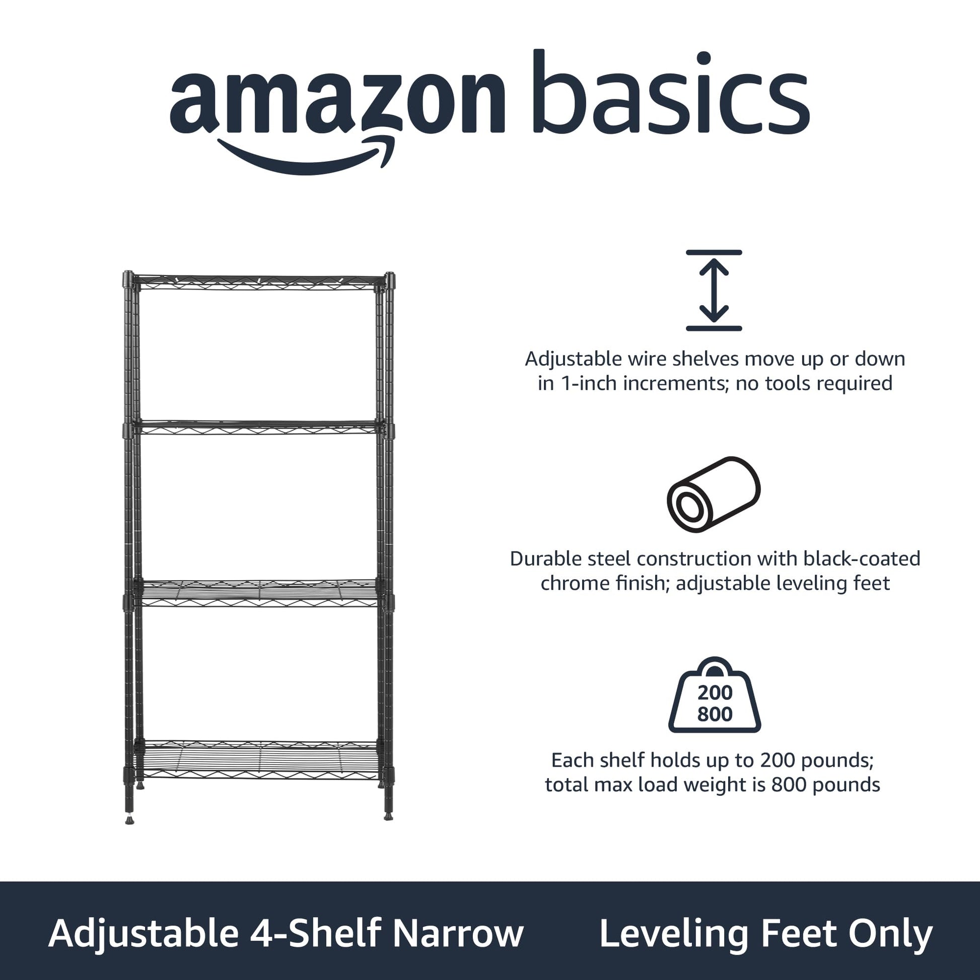 Amazon Basics 4-Shelf Steel Wire Storage Rack, Adjustable, Sturdy, Easy Assembly, 13.4 D x 23.2 W x 48 H in, Black