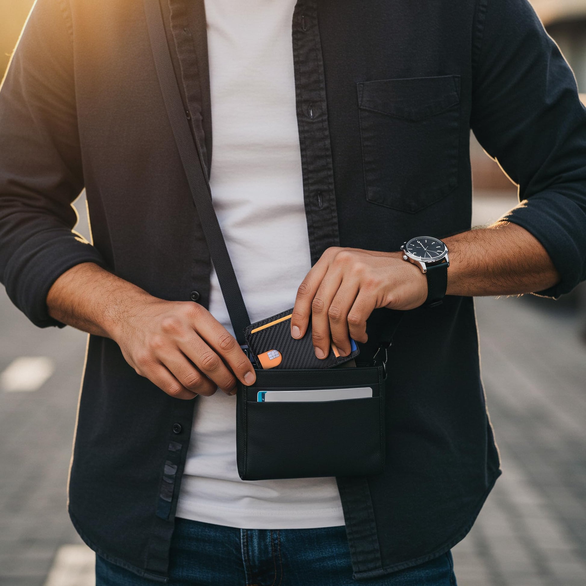 Buffway Slim Minimalist Front Pocket RFID Blocking Leather Wallets for Men and Women - Carbon Fiber Black