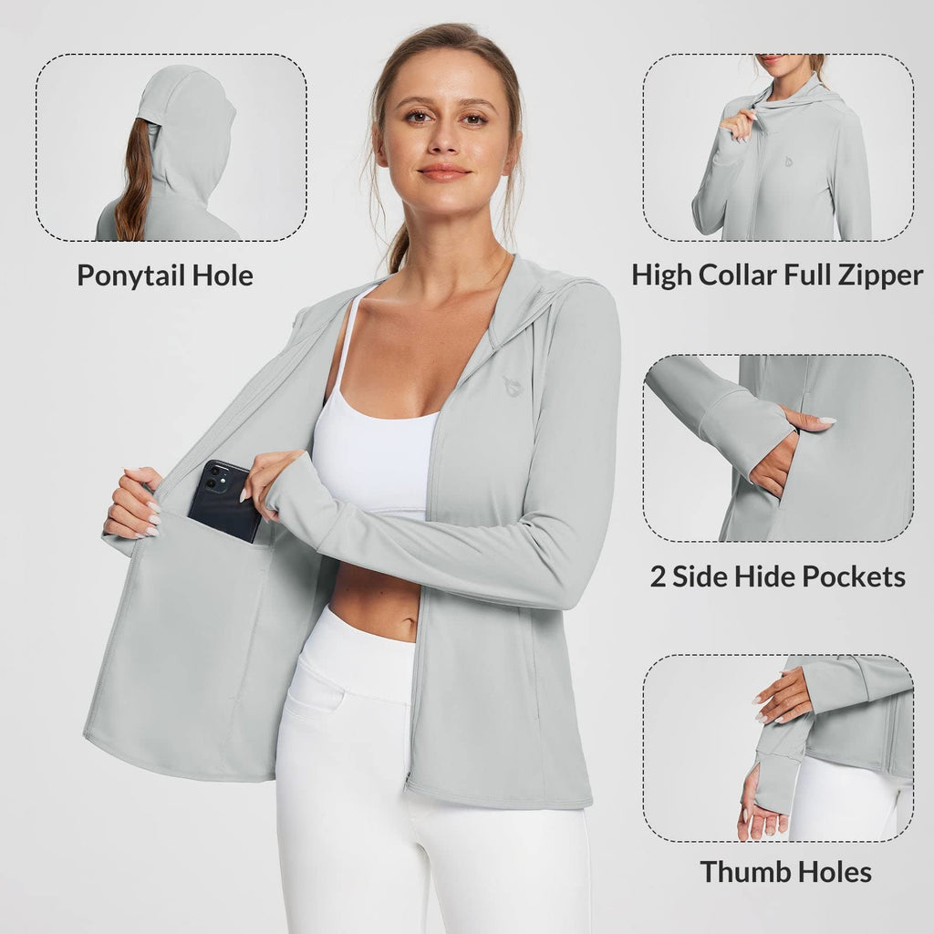 baleaf Women's SPF Jacket Sun Shirt UV Protection Hoodie Zip Up Long Sleeve Hooded Summer Clothing Running Hiking Grey M