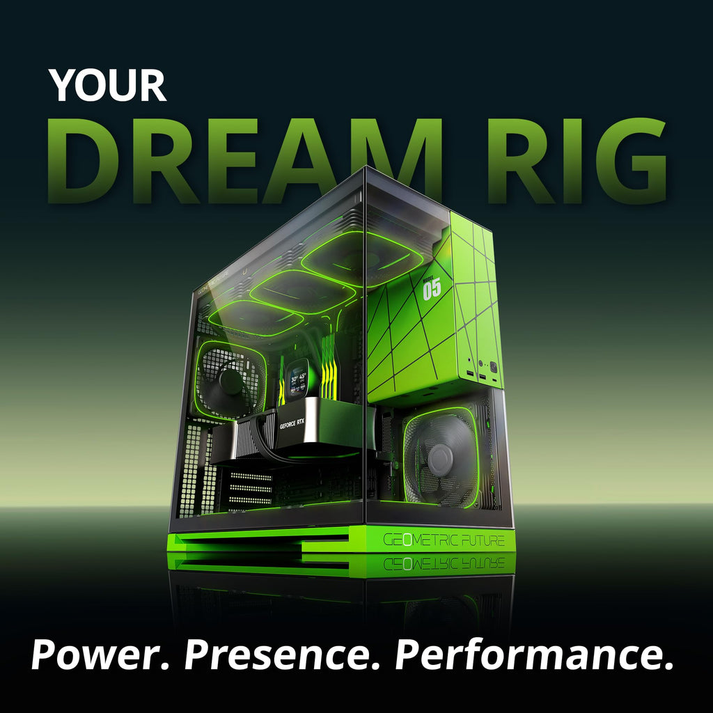 Geometric Future M5 Tempered Glass Mid Tower, E-ATX/ATX Gaming Case, 1.2mm Steel, Type C, Toolless Panels, Support 420/360 Radiator, ARGB PWM 140m Fan x 5 Pre-Installed, Black/Green, GEO-M5F-BNY