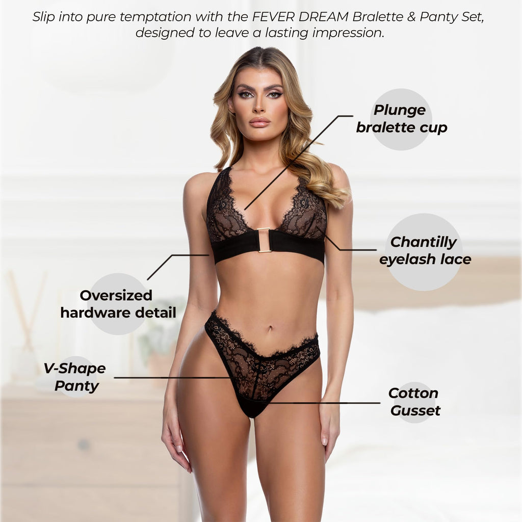 Bra and Panty Sets for Women: Roma Confidential Fever Dream 2 Piece Lace Bralette and Panty in Chantilly Eyelash Lace – Matching Deep Plunge Bra & V-Shape Thong Underwear Sexy Lingerie Set for Women