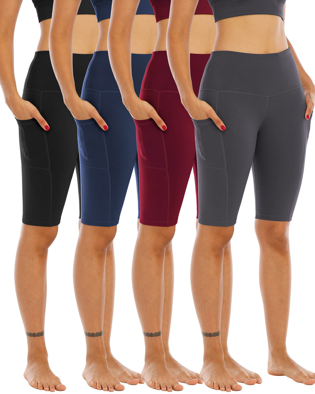 WHOUARE 4 Pack Biker Yoga Shorts with Pockets for Women,High Waisted Athletic Running Workout Gym Shorts Tummy Control,Black,Navy,Dark Gray,Burgundy,L