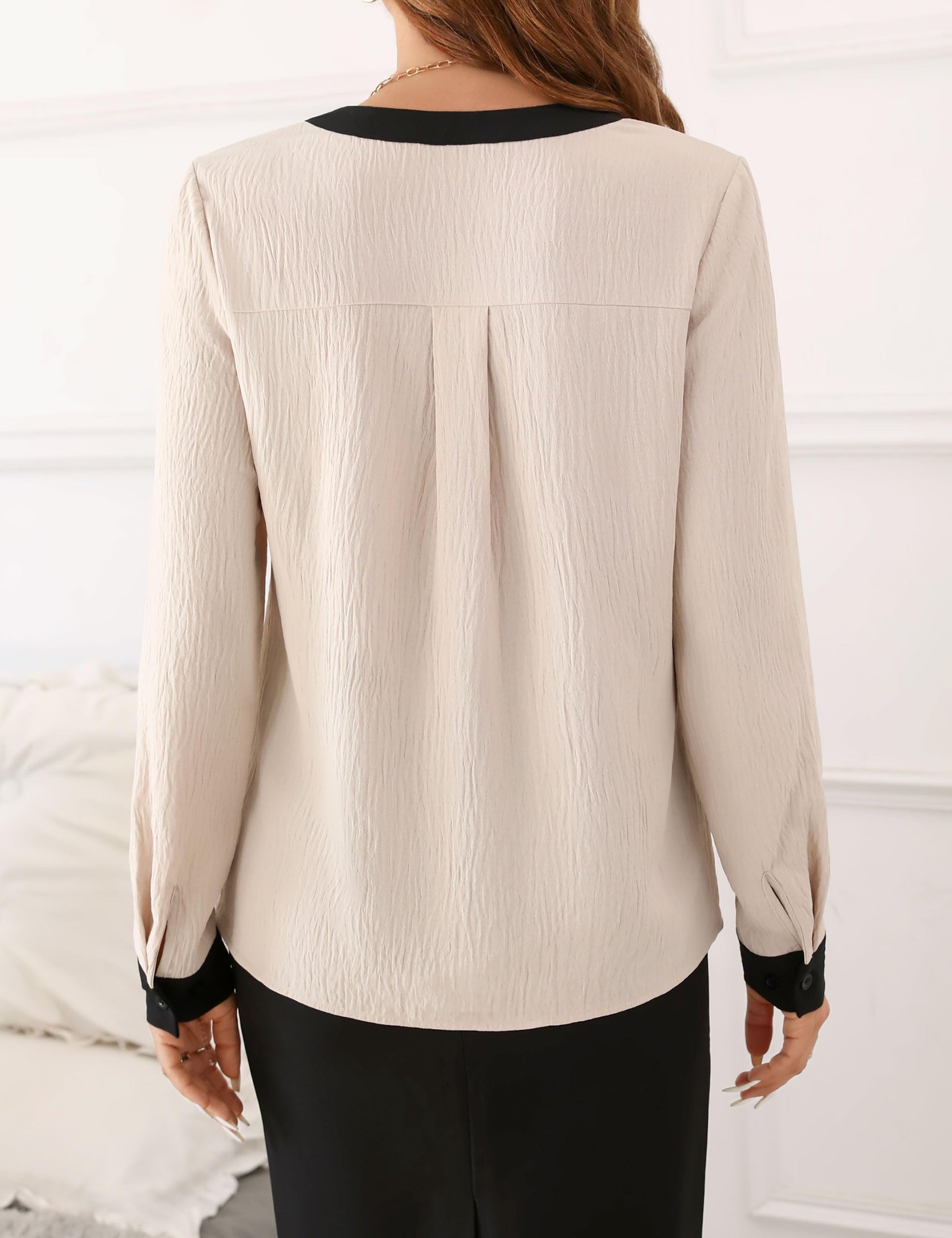 Fayenne Womens Long Sleeve Tops Dressy Casual V Neck Color Block Business Casual Outfits Work Blouses Office Shirts Apricot