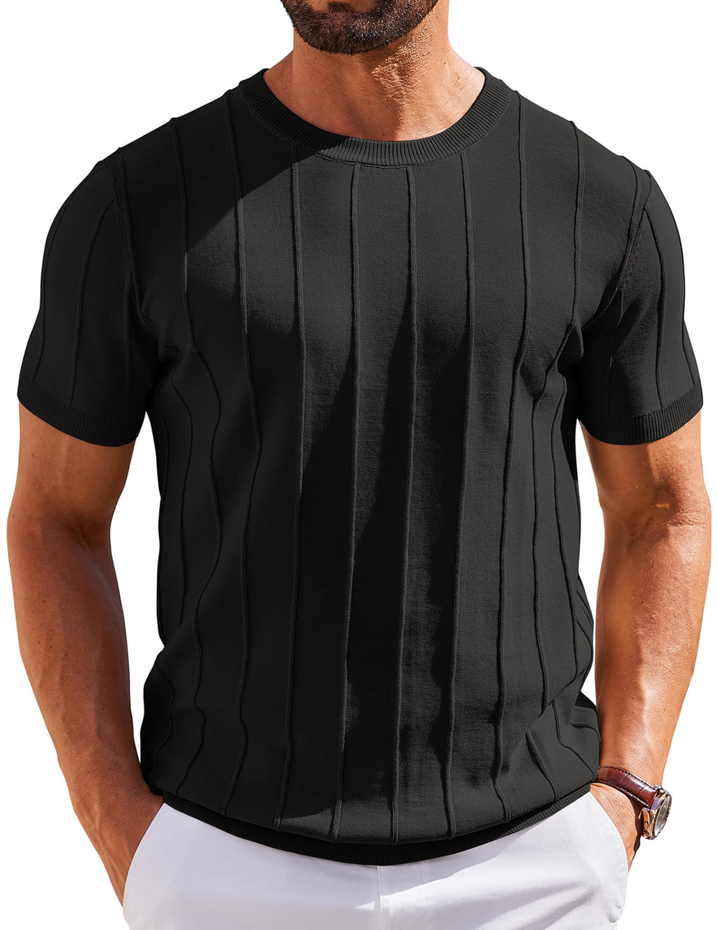 COOFANDY Mens Dress T Shirts Summer Short Sleeve Sweater Shirt Knitted Crewneck Tee Shirt Black