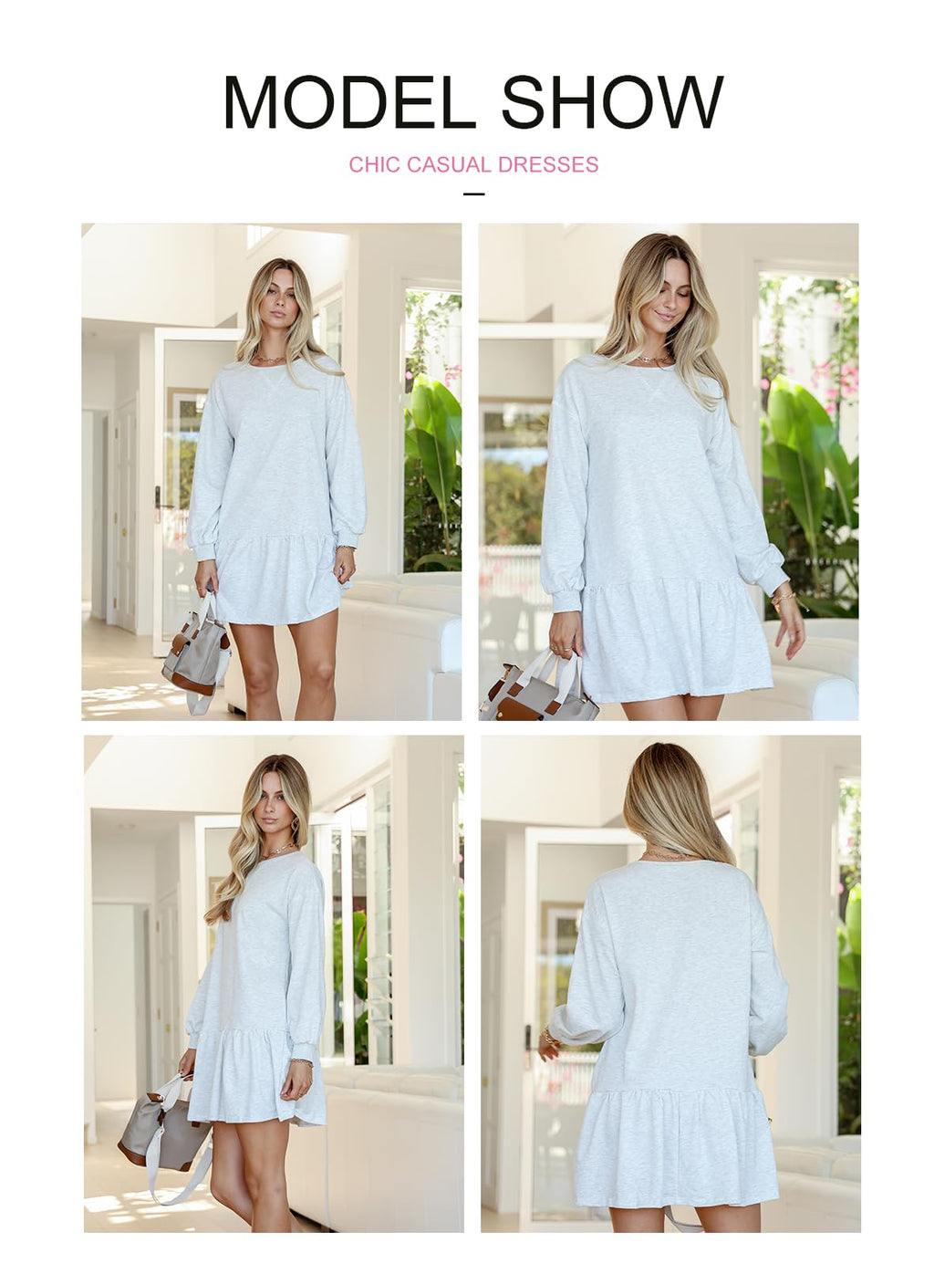 BLENCOT Mini Dress for Women 2025 Fall Winter Cute Patchwork Long Sleeve Ruffled Crewneck Sweatshirt Dresses Casual Sport Pullover Tops White Small