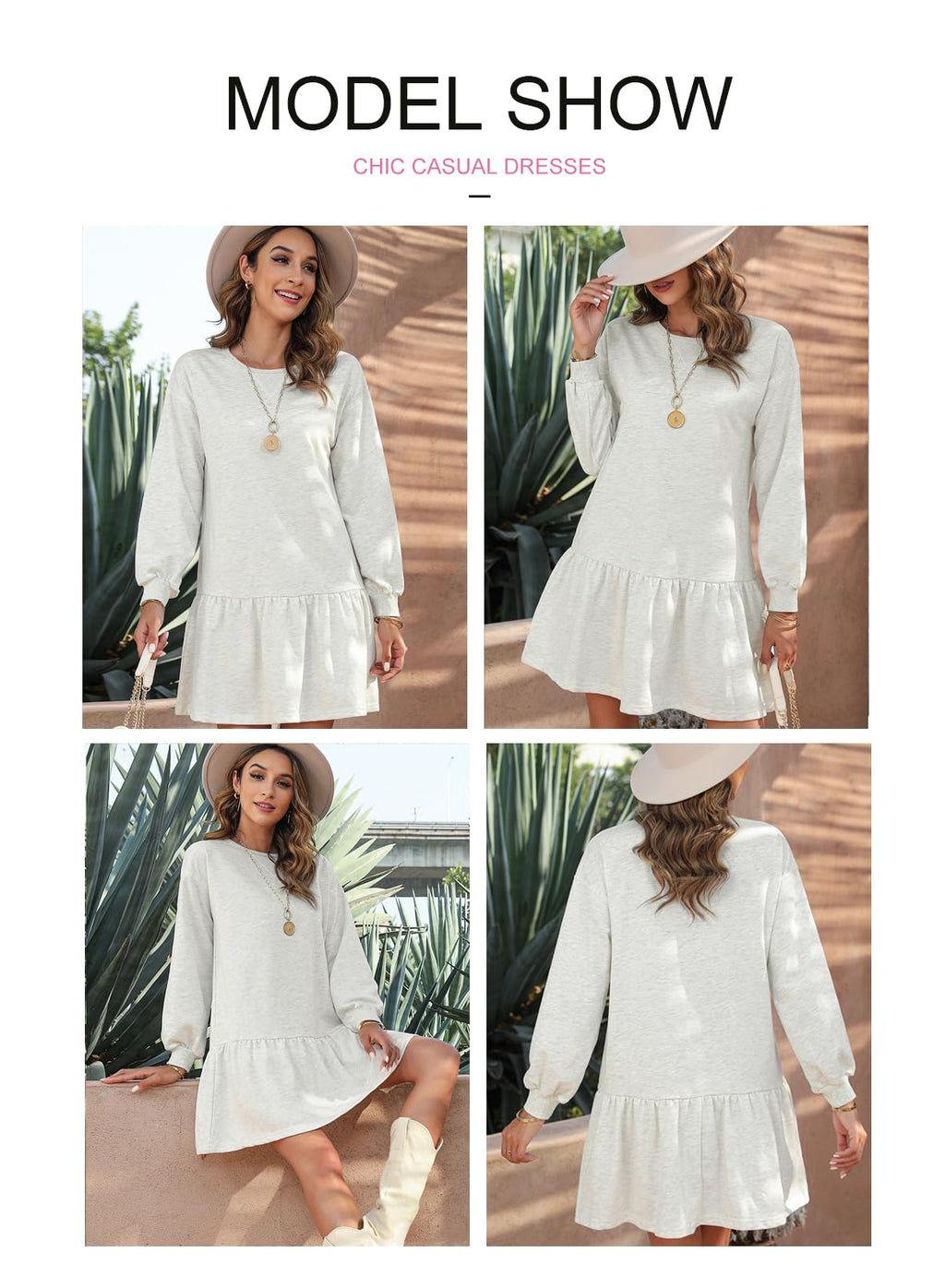 BLENCOT Mini Dress for Women 2025 Fall Winter Cute Patchwork Long Sleeve Ruffled Crewneck Sweatshirt Dresses Casual Sport Pullover Tops White Small