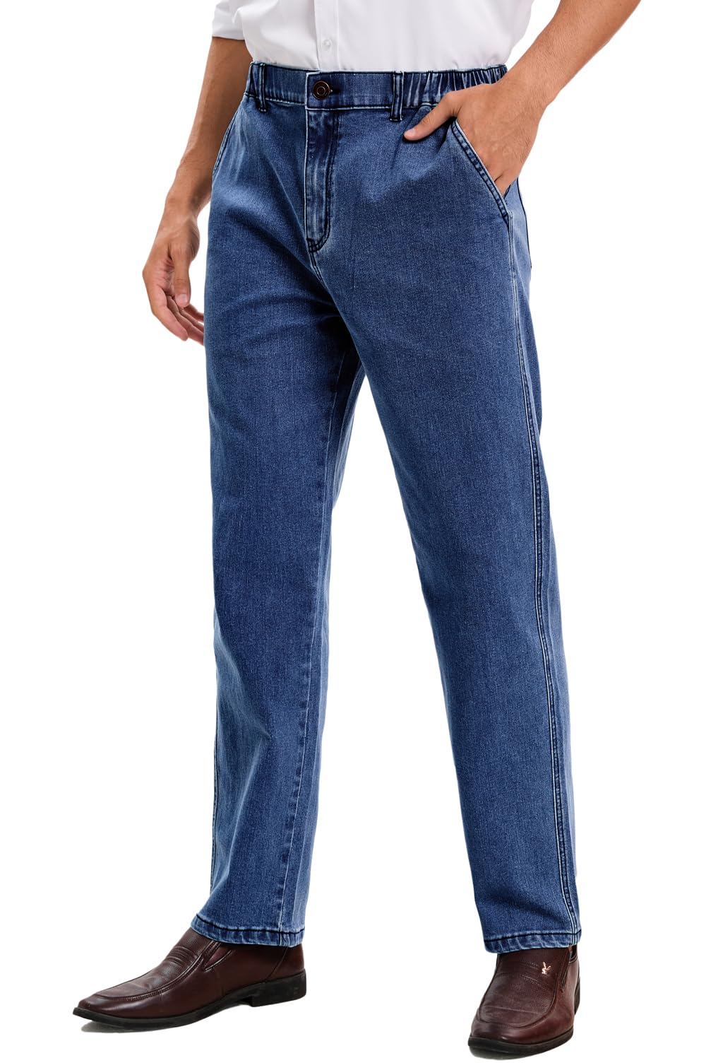 voeeron Mens Elastic Waist Jeans Relaxed Fit Men's Jeans with Elastic Waist with Zipper and Button, Medium Washed, 42W x 28L