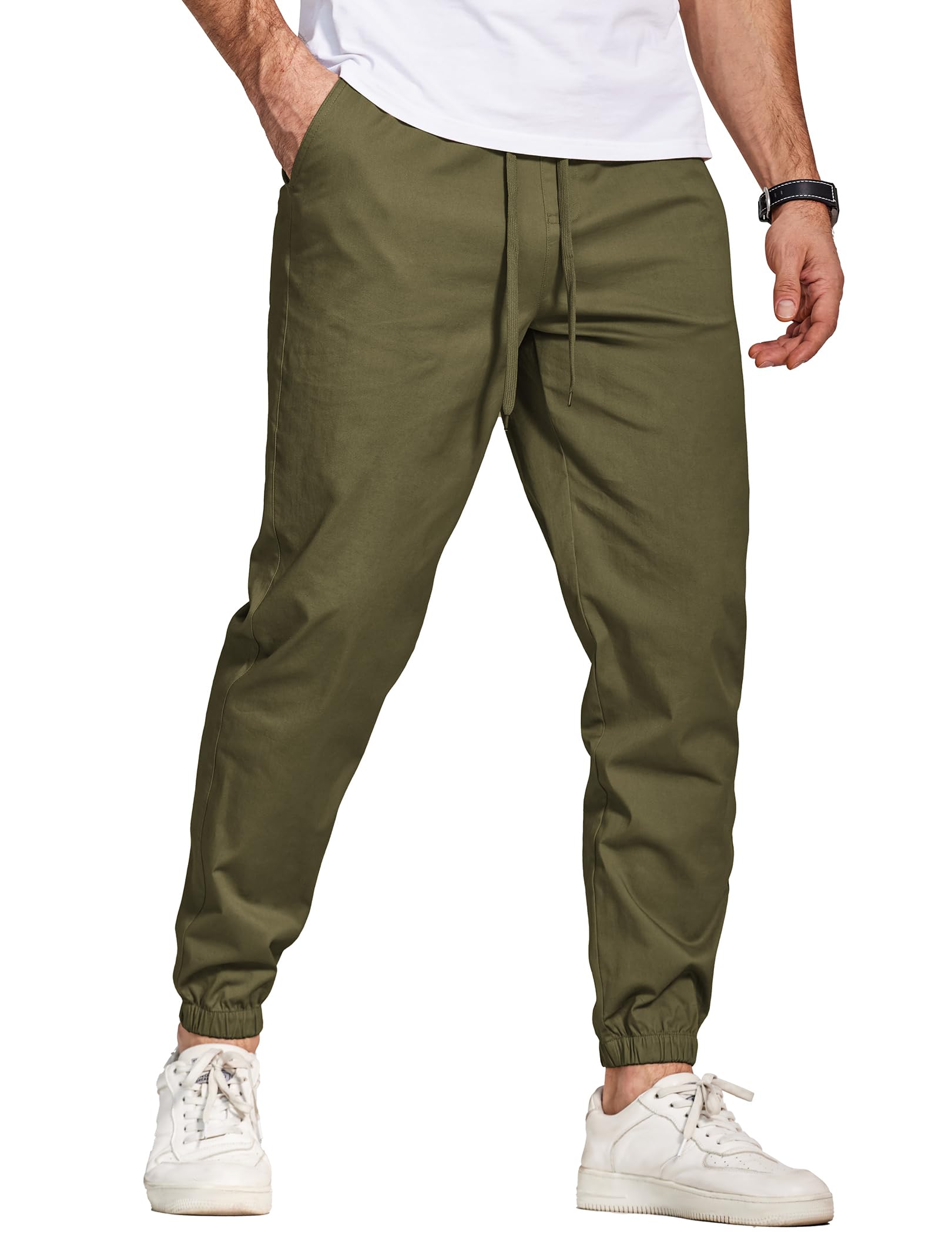 COOFANDY Mens Cotton Casual Pants Stretch Twill Jogger Pants Chino Cargo Hiking Drawstring Sweatpants with Pockets Army Green