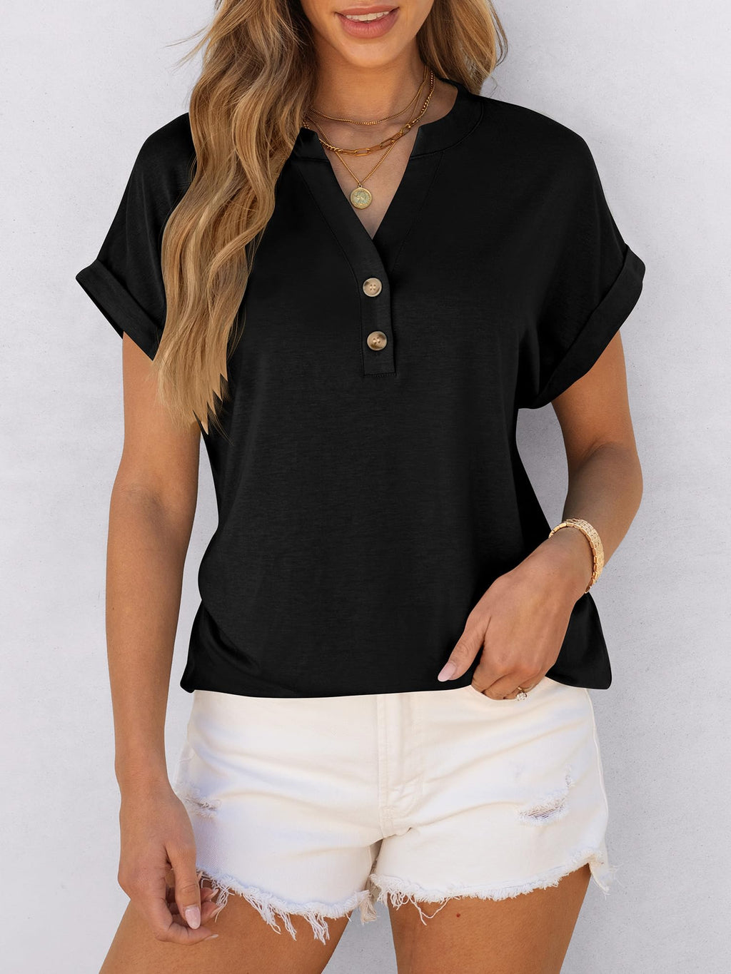 ANRABESS Womens Short Sleeve Henley Tops V Neck Dressy Casual Blouses Summer Trendy Tee Shirts 2025 Vacation Fashion Clothes Black L