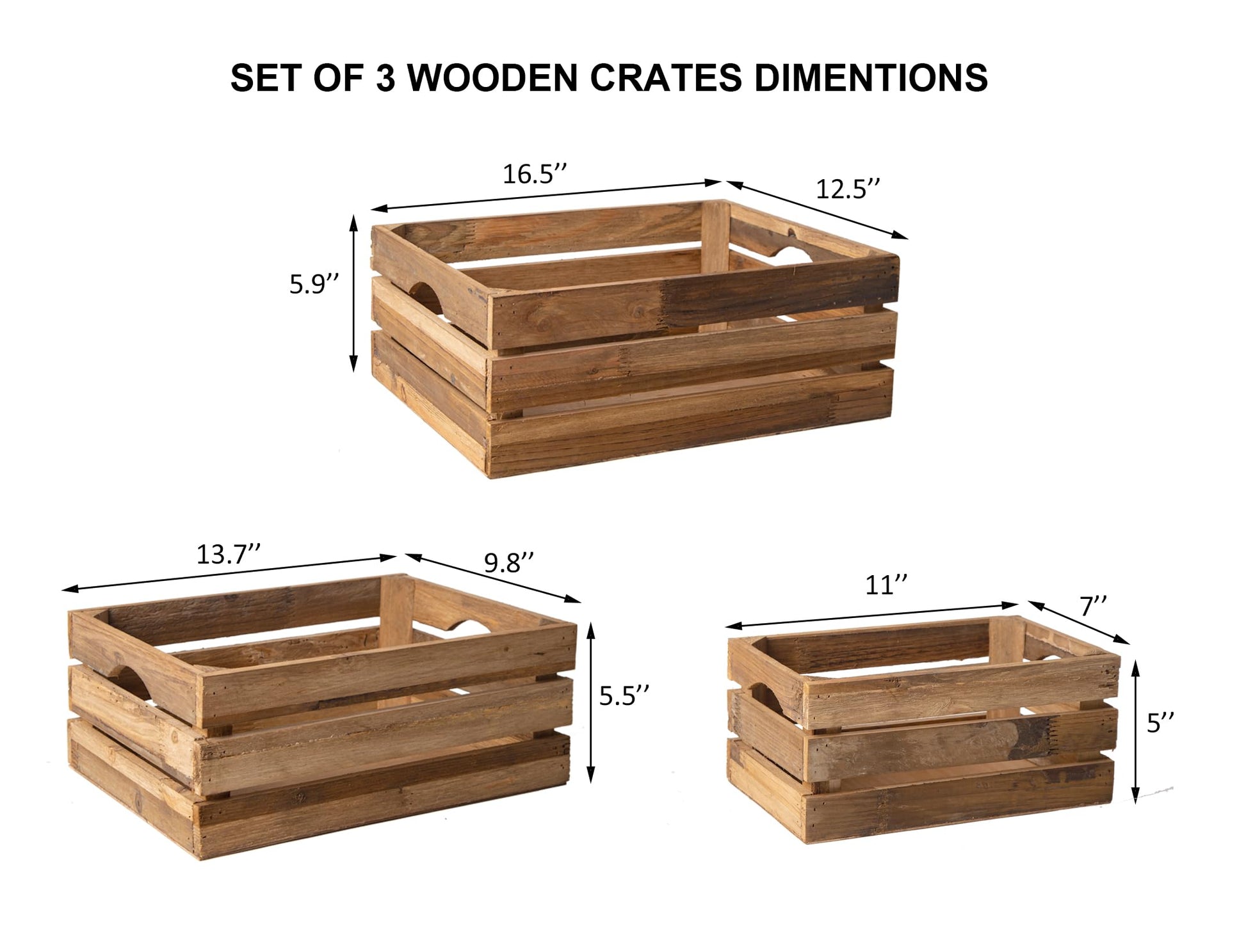 Set of 3 Nesting Wooden Crates, Rustic Wooden Storage Container Boxes with Cutout Handles, Decorative Farmhouse Wood Baskets for Display (Natural)