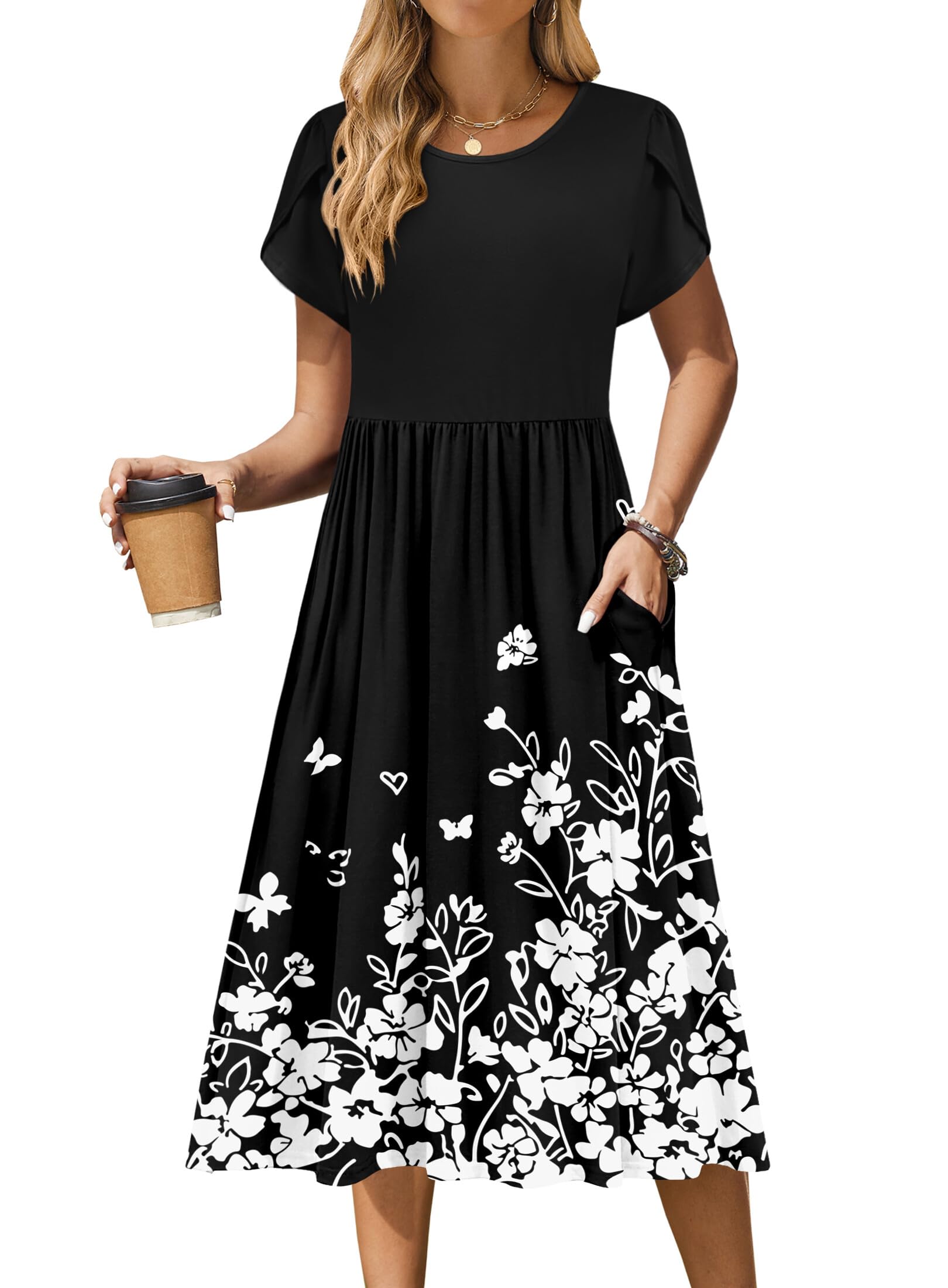 Zeagoo Tropical Dresses for Women Spring Dress Floral Print Midi Sundress Swing Tshirt Dress Pleated Dress Casual Ethnic Dress Boho Vocation Dress,l