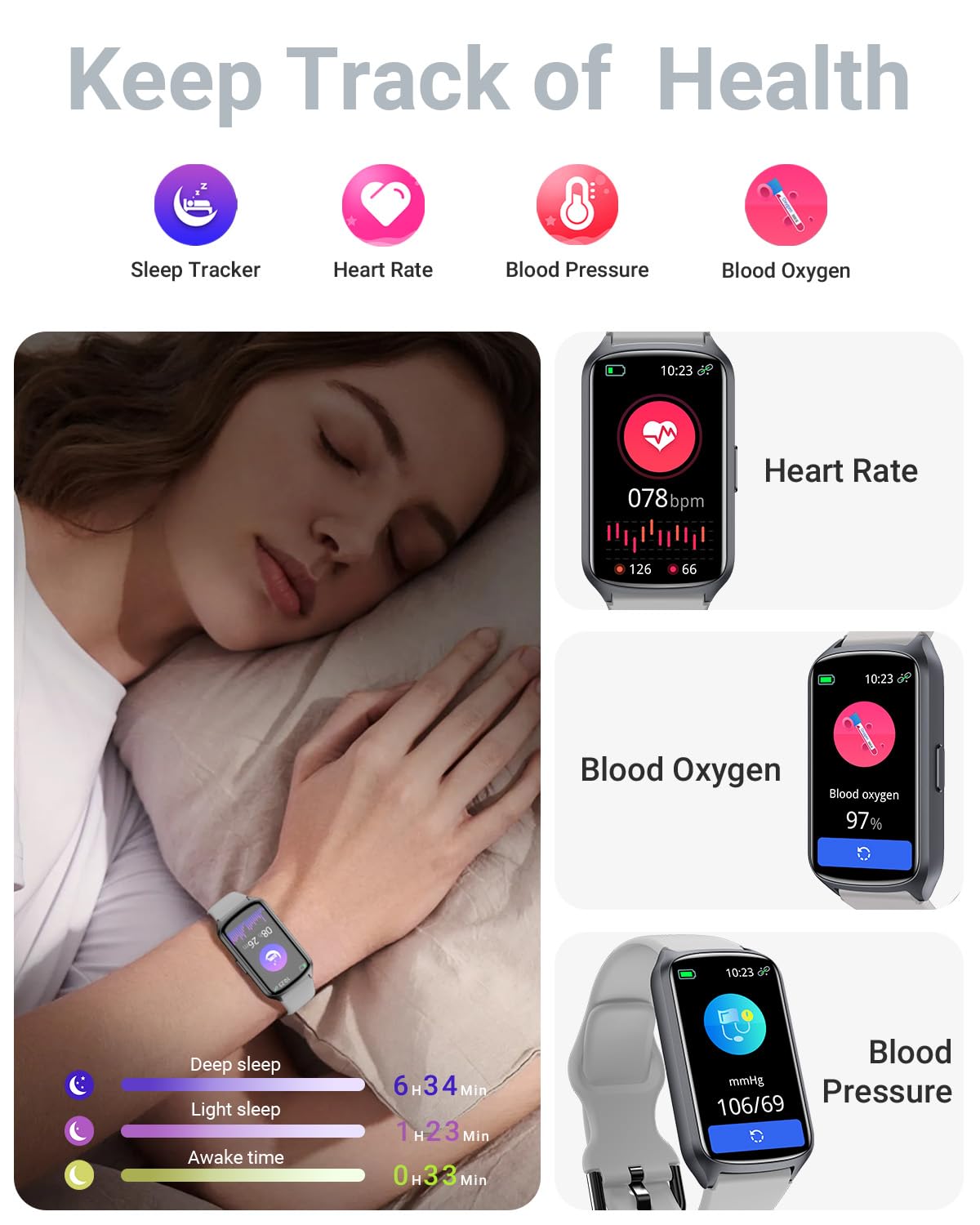 Amzhero Health Fitness Tracker with 24/7 Heart Rate, Blood Oxygen, Blood Pressure, Sleep Tracker, 5ATM Waterproof Activity Trackers with Step Tracker, Pedometer (S & L Bands Included)