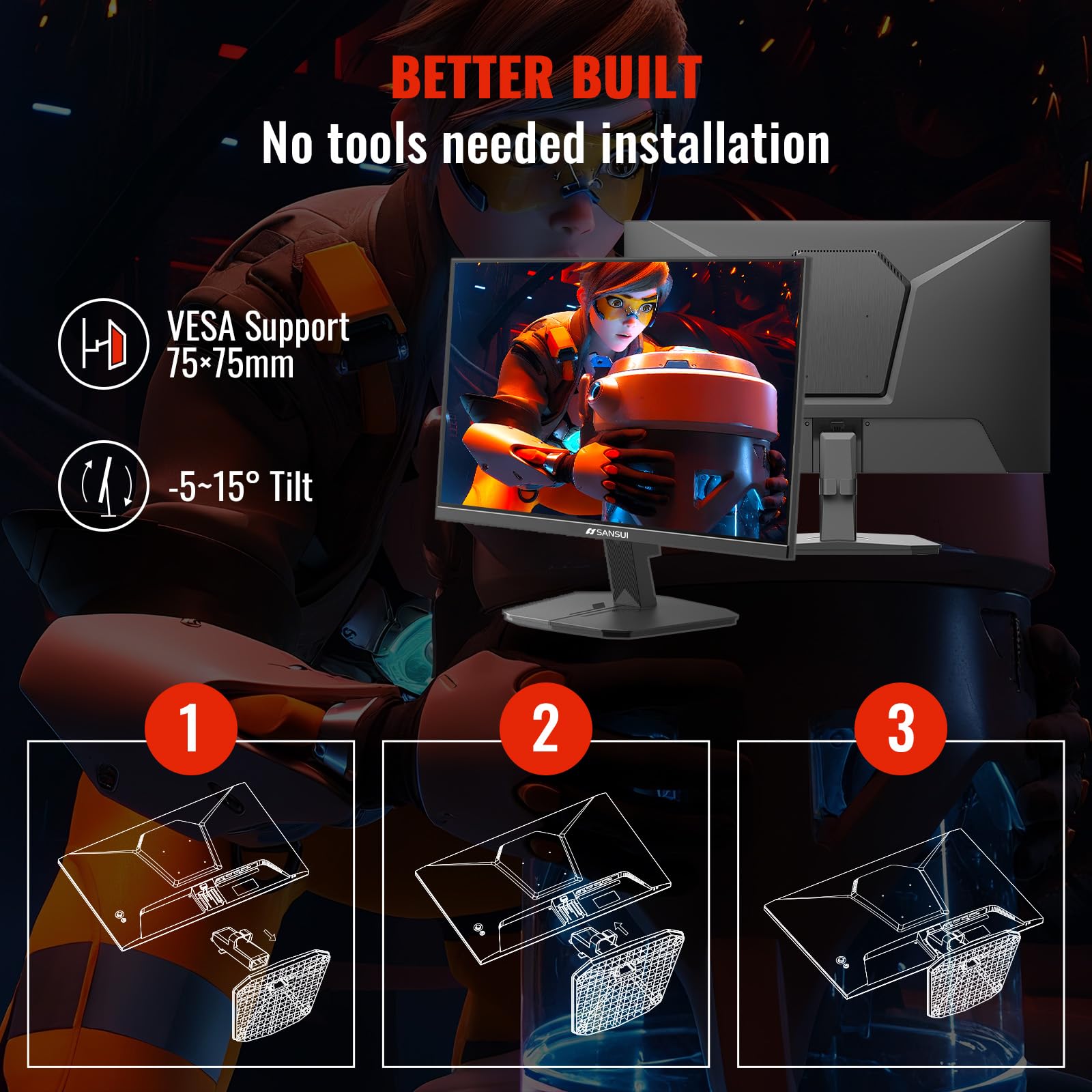 SANSUI Gaming Monitor, 24 Inch 200Hz 180Hz, FHD 1080P 1ms 110% sRGB Computer Monitor, HDMI DP Ports VESA Support for Game Office (HDMI Cable Included ES-G24F4H)