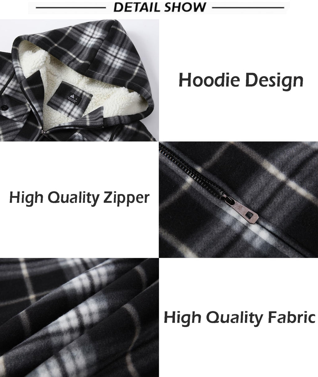 SCODI Men's Flannel Shirt Jacket Fleece Sherpa Lined Plaid Jackets Coat Full Zip Up Hoodie Winter Outwear Black White Large