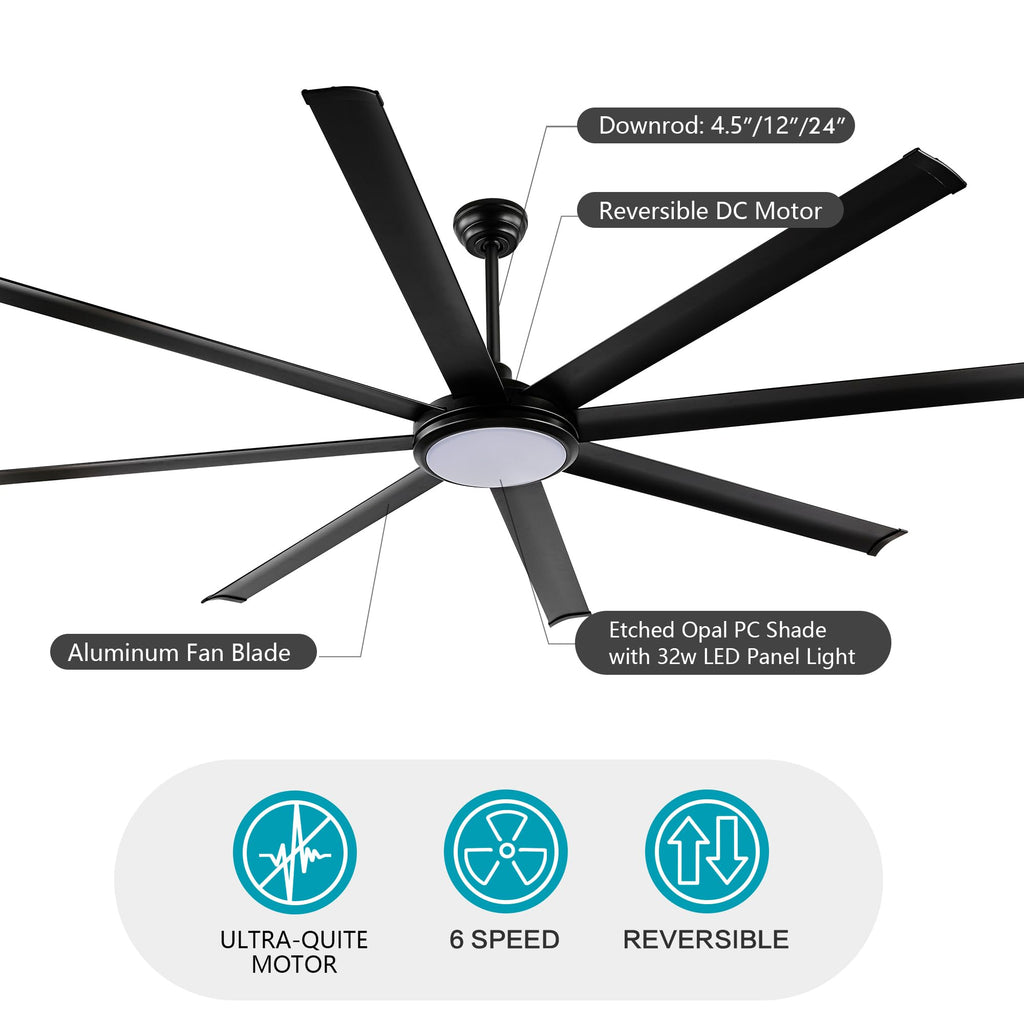 WINGBO 72 Inch Industrial Ceiling Fan with Light and Remote, 8 Aluminum Blades Ceiling Fan, 3CCT, 6-Speed Reversible Noiseless DC Motor for Kitchen Bedroom Living Room, Matte Black