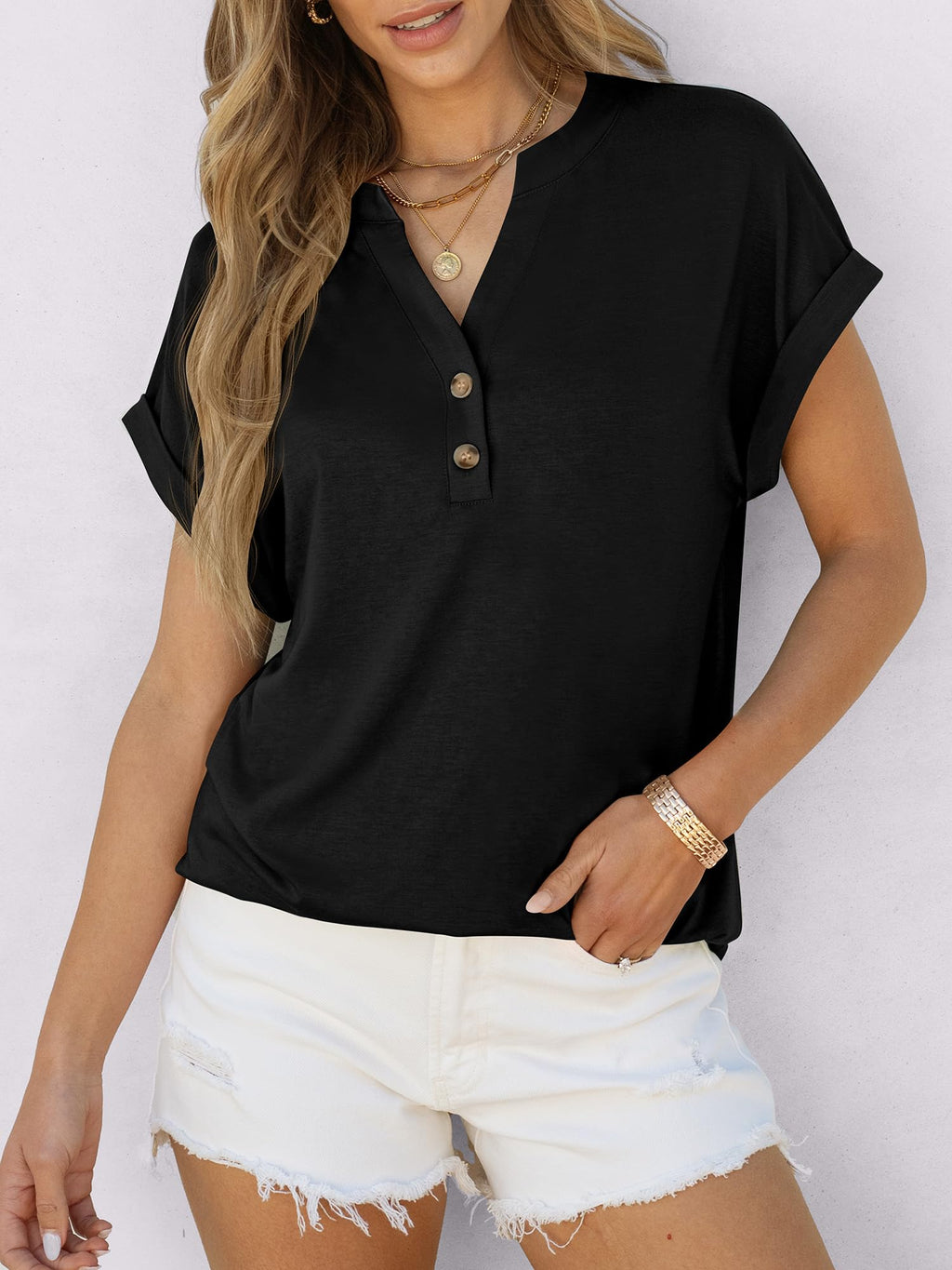 ANRABESS Womens Short Sleeve Henley Tops V Neck Dressy Casual Blouses Summer Trendy Tee Shirts 2025 Vacation Fashion Clothes Black L