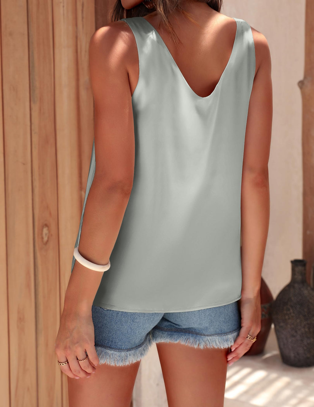 Ekouaer Womens Silk Satin Tank Tops V Neck Casual Cami Sleeveless Camisole Blouses Summer Basic Tank Shirt Grey, XX-Large