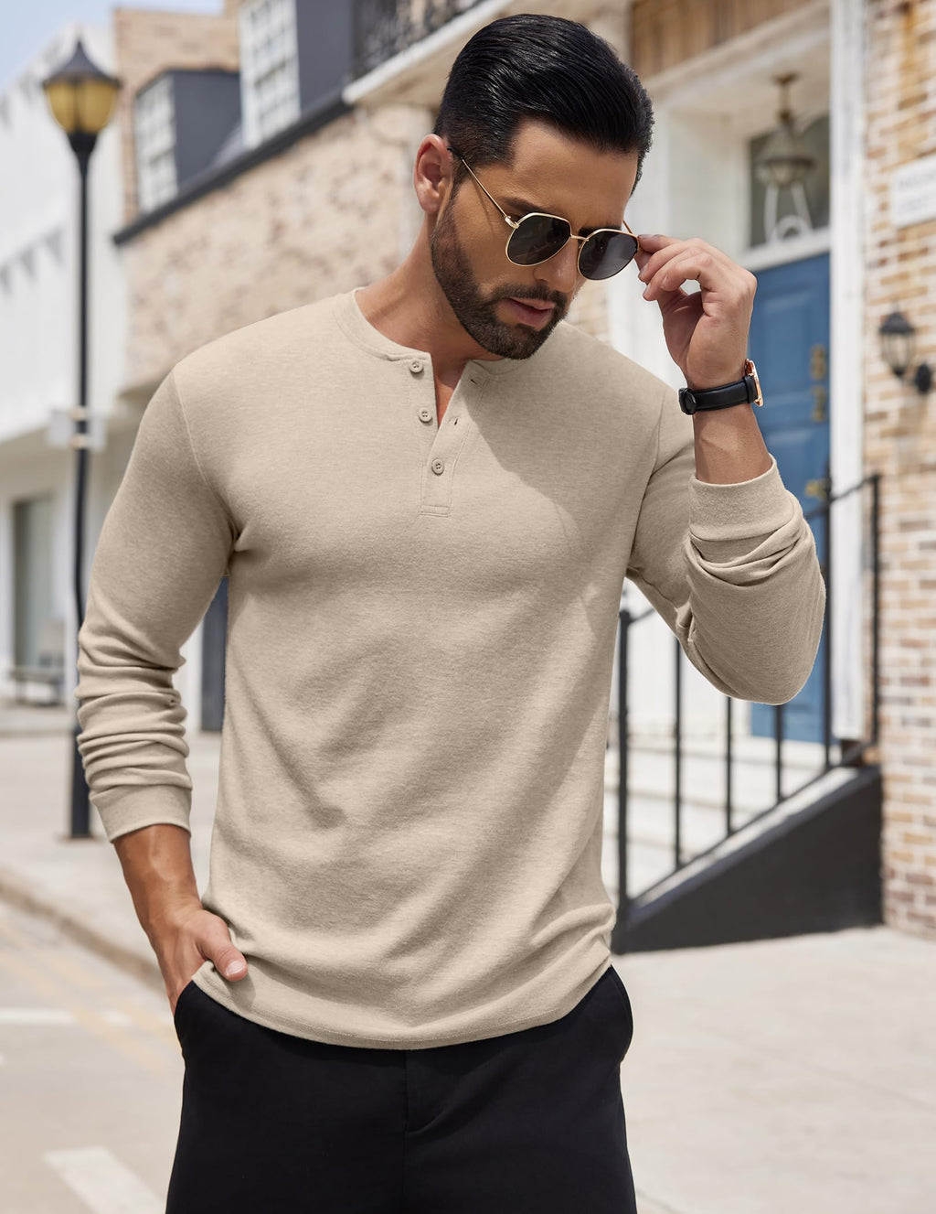 COOFANDY Men's Henley Shirts Long Sleeve Basic Pullover Shirt Lightweight Casual Button T-Shirts Heather Khaki
