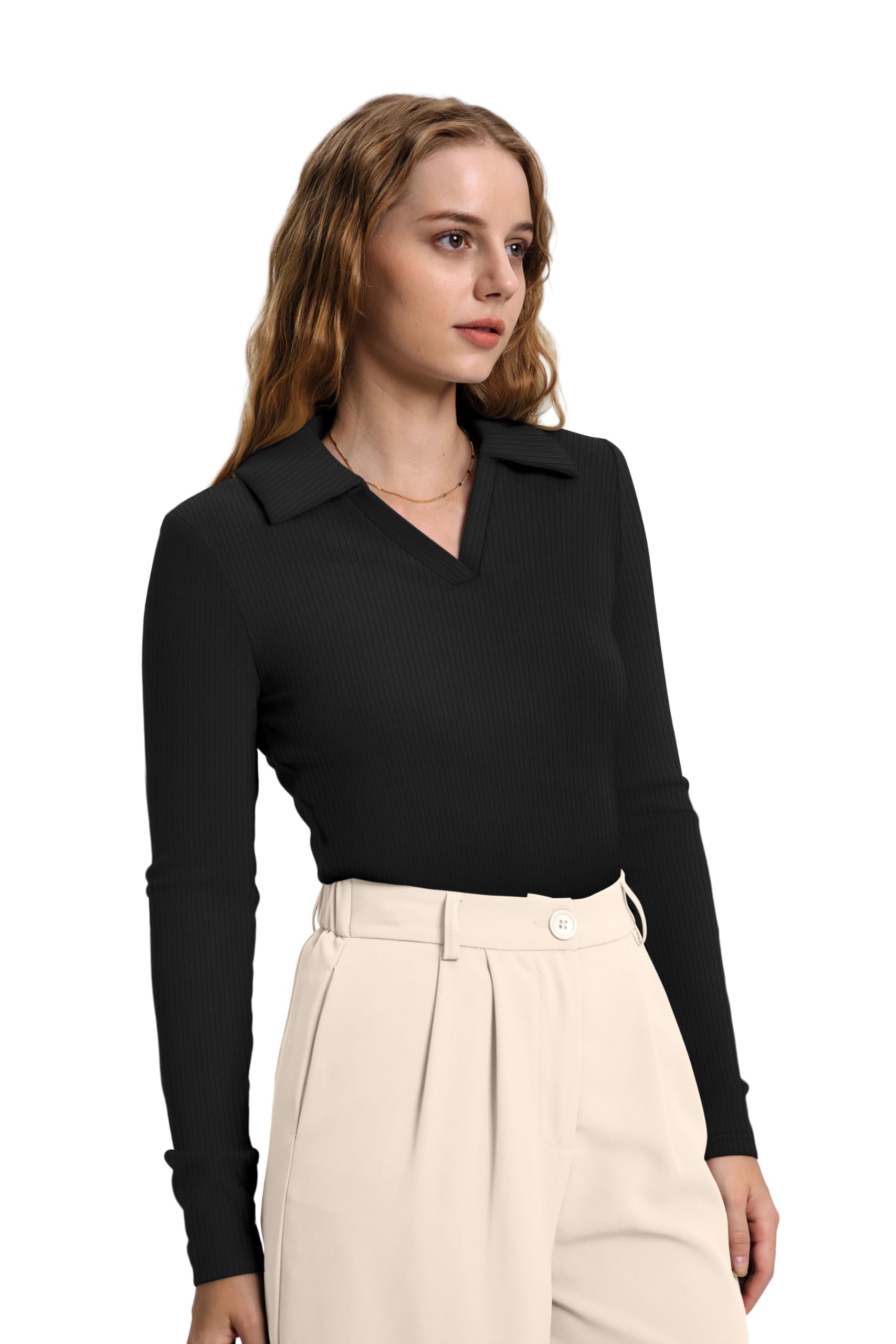 WIHOLL Business Casual Tops for Women Long Sleeves Work Blouses Dress Shirts Slim Fit Women's Clothing Fall Black S