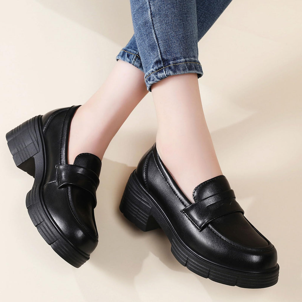 TKKAE Loafers for Women Women's Penny Platform Chunky Loafers Slip-Ons Comfortable Business Casual Dress Office Work Shoes for Ladies,Black Leather,6