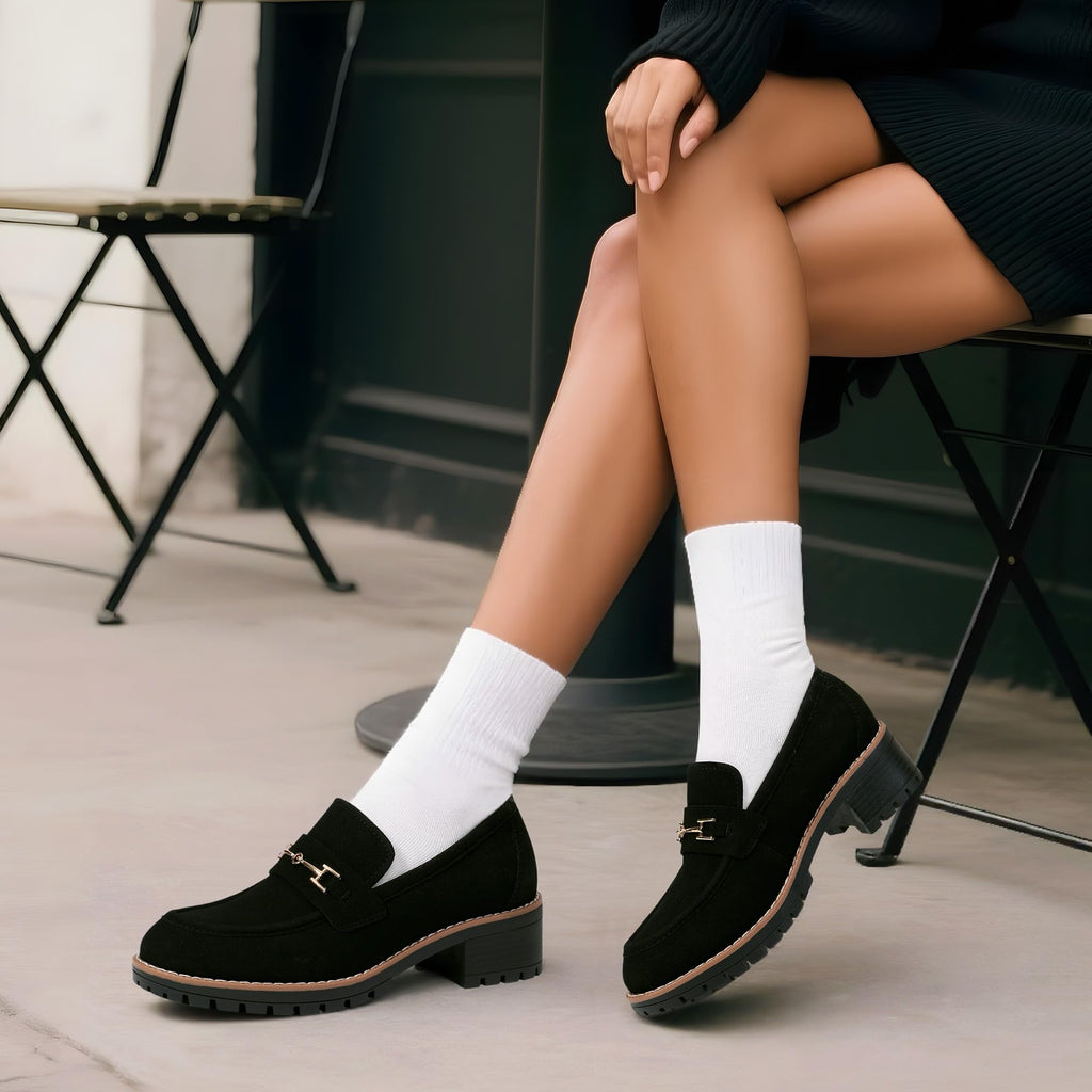 DREAM PAIRS Women's Chunky Loafers, Platform Comfortable Slip-On Dressy Business Casual Shoes,Size 6,All Black,SDLS2410W