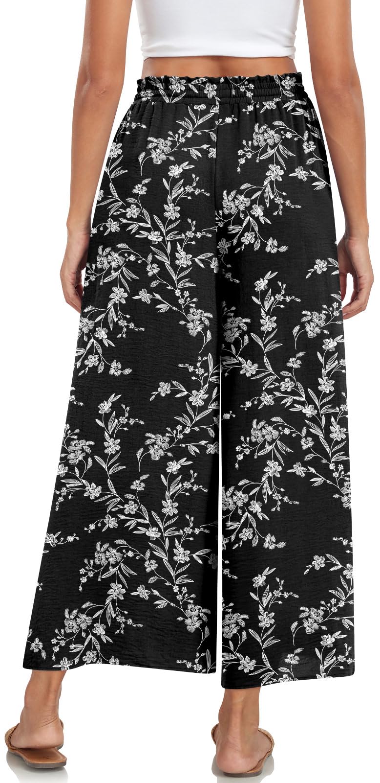 Bestbee Womens Plus Size Palazzo Pants Dressy Casual Wide Leg Slacks Elastic Waist Business Flowy Pants with Pockets, XL, Black-White Flower