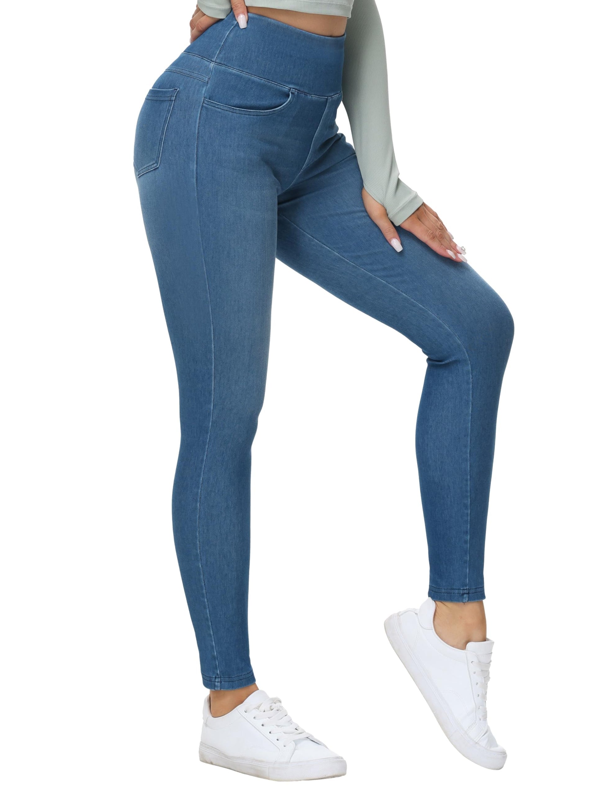 THE GYM PEOPLE Women's High Waisted Jeggings Pants Stretchy Tummy Control Skinny Jean Leggings with Pockets Denim Blue