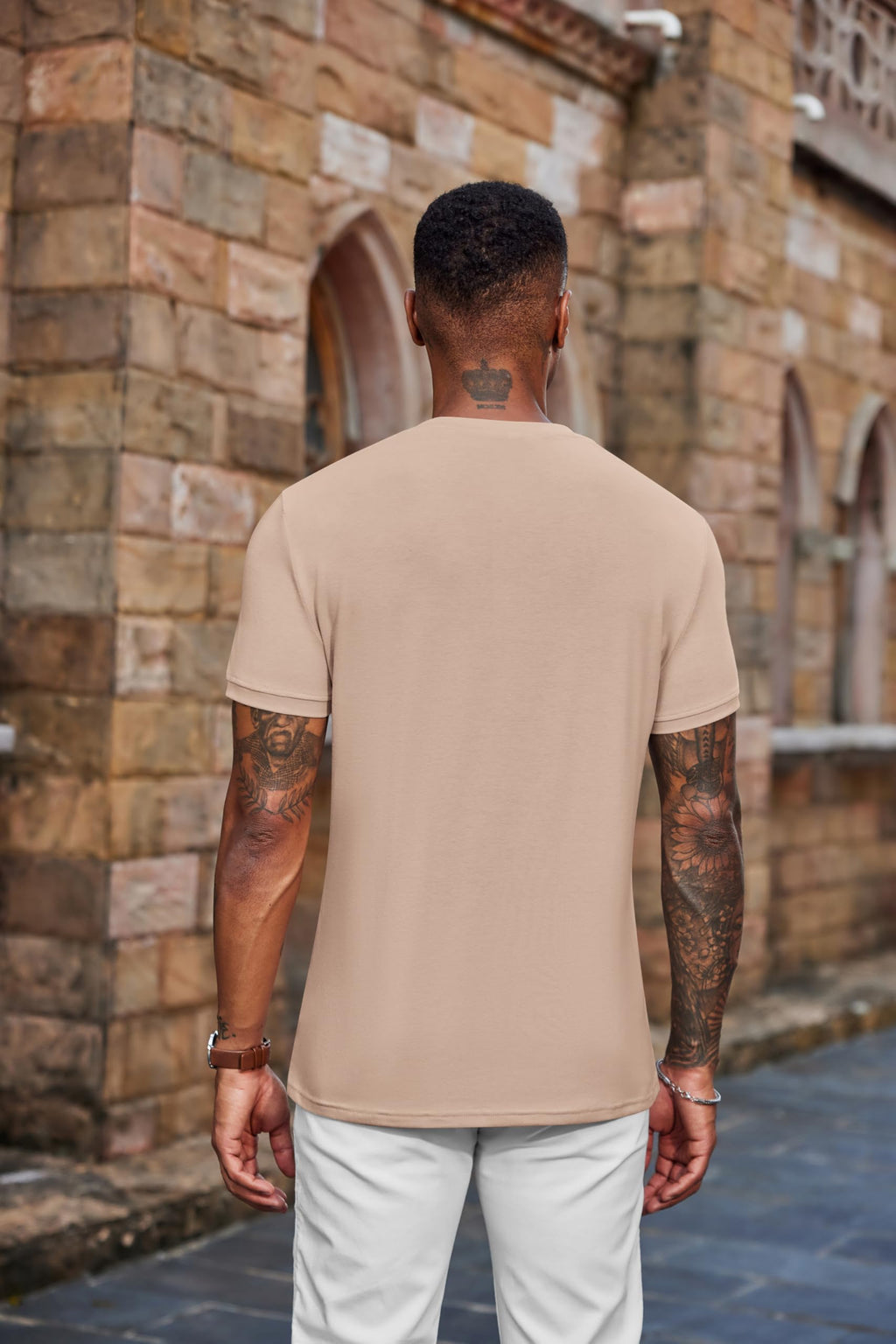 COOFANDY Men's Henley Shirts Short Sleeve Casual Summer Basic Tee Solid Button T-Shirts Light Khaki