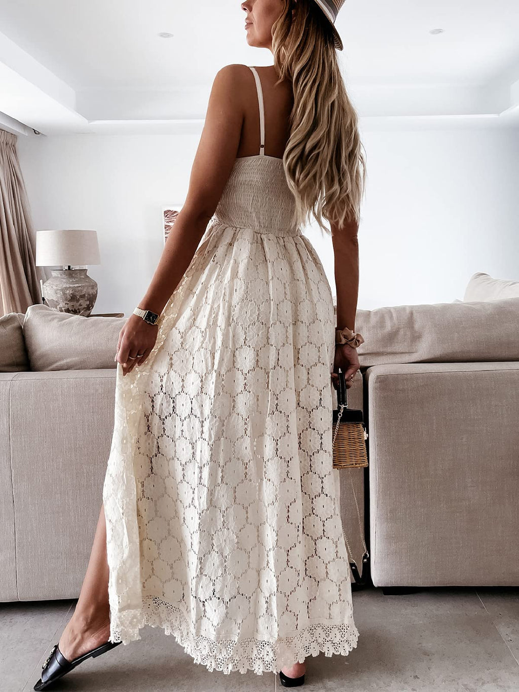 CUPSHE Women's Summer Women Slip Ruching Smocking Jumpsuit Dress V Neck Speghetti Straps Backless Maxi High Low