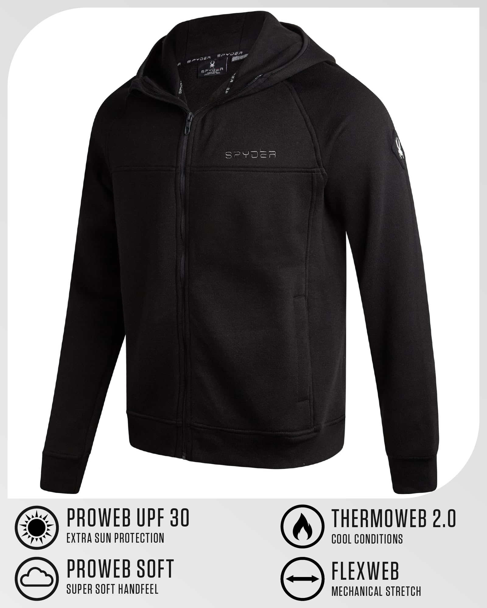 Spyder Mens Zip Up Hoodie - UPF30+ Super Soft Fleece Sweatshirt, Warm Athletic Hoodies for Men with Secure Zip Pockets (S-XL), Size Large, Jet Black