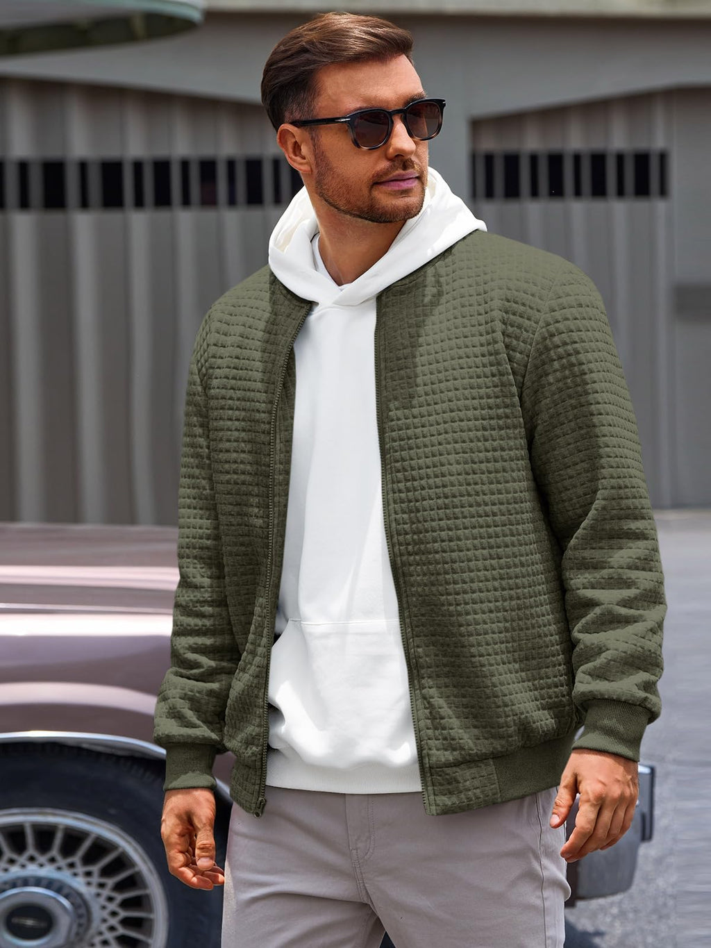 Runcati Mens Bomber Jacket Casual Lightweight Varsity Jackets Waffle Full Zip Coat