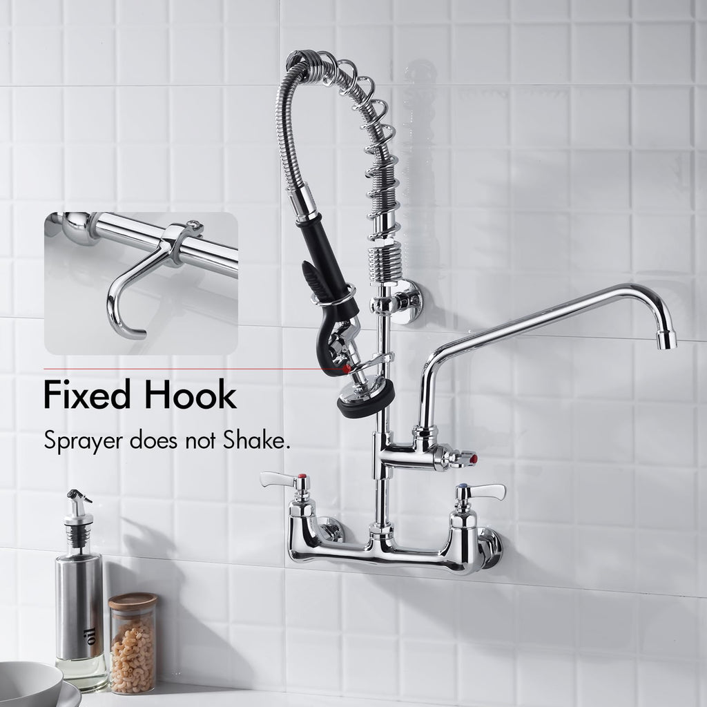 BAGNOLUX Commercial Sink Faucet, 8" Center Wall Mount Base with Pull Out Spray 9.6" Add-on Swing Spout 25" Height, Double Handle Pre Rinse Sprayer Commercial Rv Kitchen Faucet with Ceramic Valve