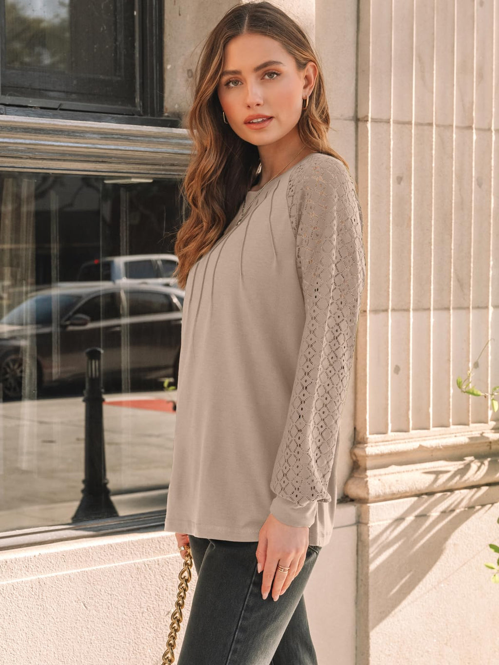 AUTOMET Womens Long Sleeve Shirts Lace Tops Business Casual Blouses 2025 Fall Fashion Teacher Outfits Trendy Clothes Knit T Y2k Ladies Dressy Work Professional Clothing Khaki L