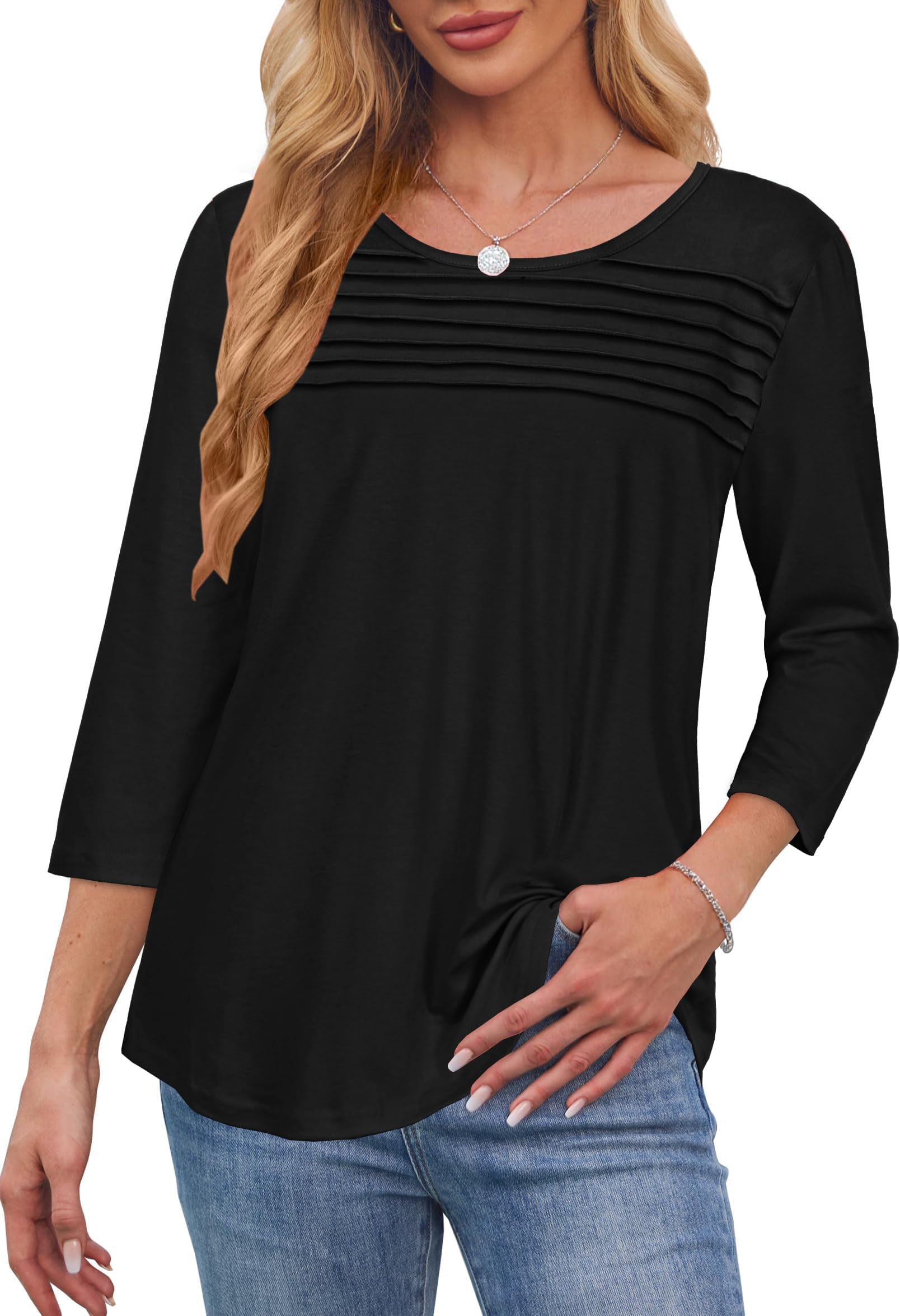 rosemia 3/4 Length Sleeve Womens Tops Crewneck Casual Blouses Dressy Pleated Front Loose Fit T Shirts, Black Color, XL